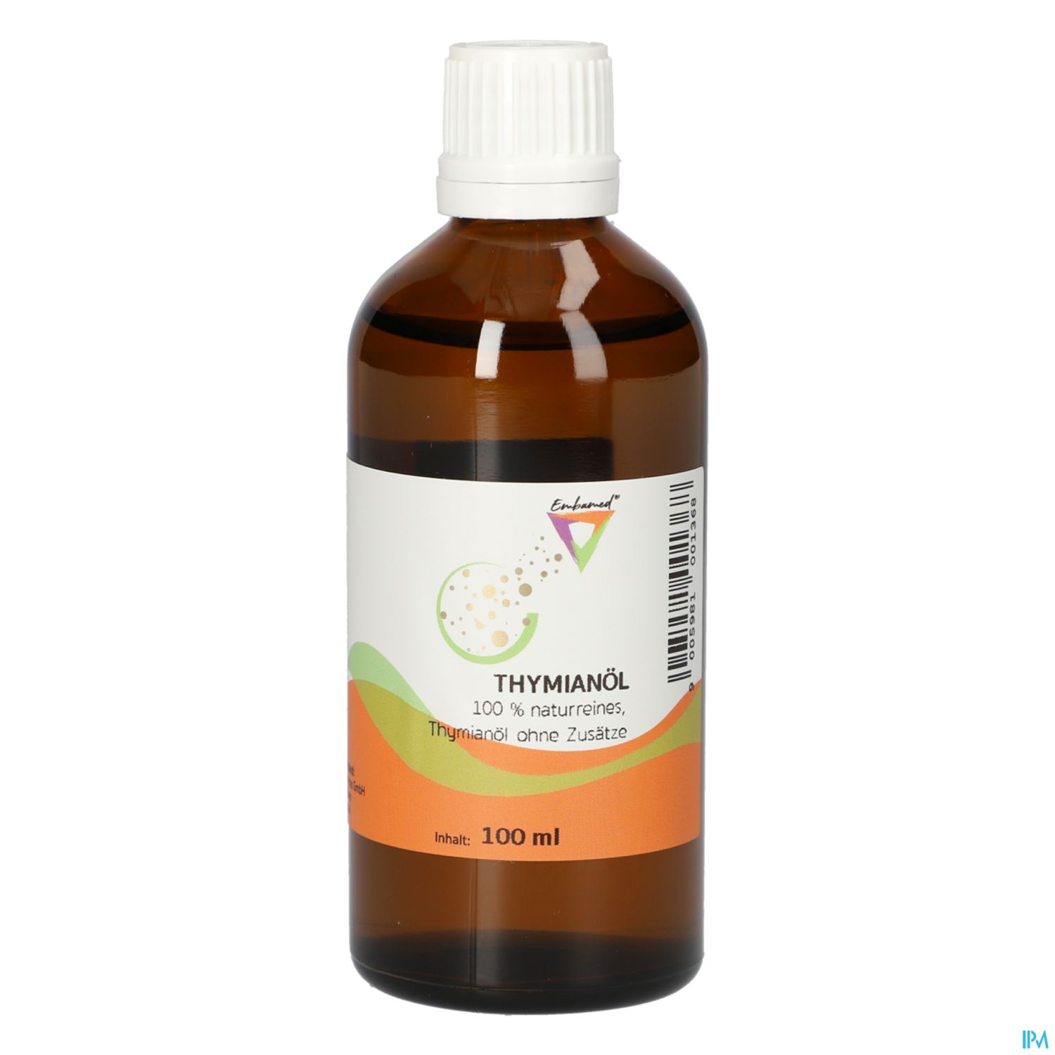 Braune Glasflasche mit Thymianöl, 100 % naturrein, 100 ml Inhalt, etikettiert mit Informationen über das Produkt.