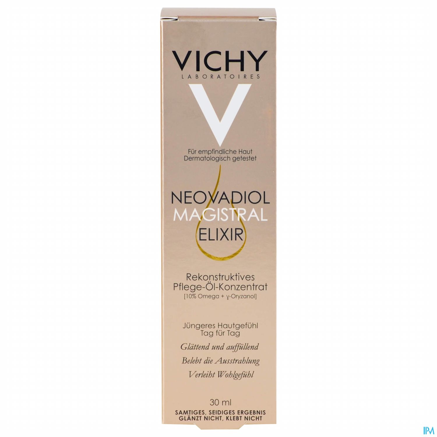 Produktverpackung des Vichy Neovadiol Magistral Elixirs, Pflege-Öl-Konzentrat, 30 ml, mit Beschreibungen zur Anwendung und Wirkung.