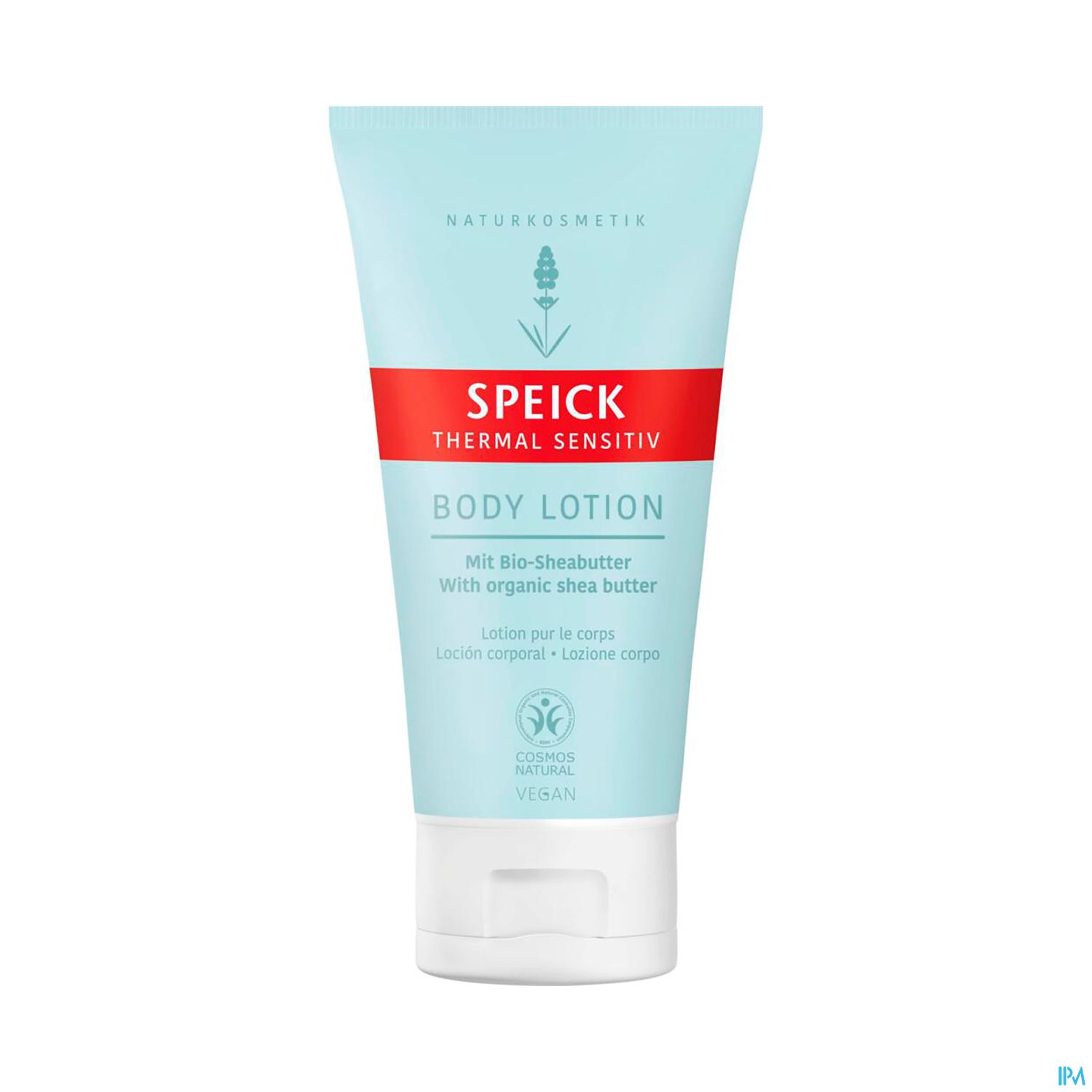 Tubenverpackung einer Body Lotion mit der Aufschrift "Speick Thermal Sensitiv" und Informationen zu Bio-Sheabutter.