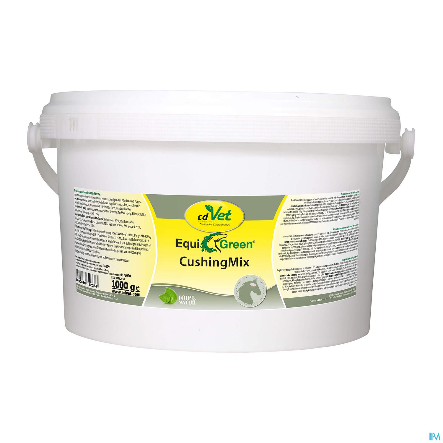 Weißer Eimer mit grünem Etikett, der das Produkt "cdVet EquiGreen CushingMix" für Pferde enthält.