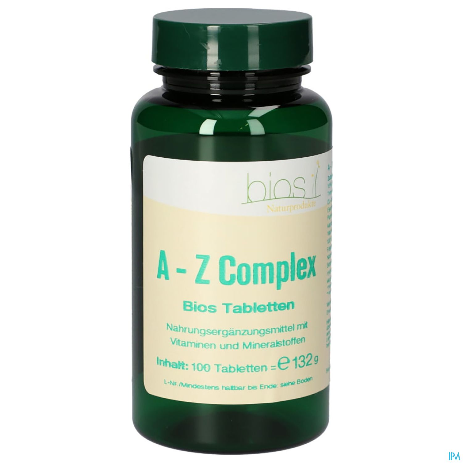 Grüne Flasche mit dem Aufdruck "A - Z Complex", Nahrungsergänzungsmittel mit Vitaminen und Mineralstoffen, Inhalt: 100 Tabletten.
