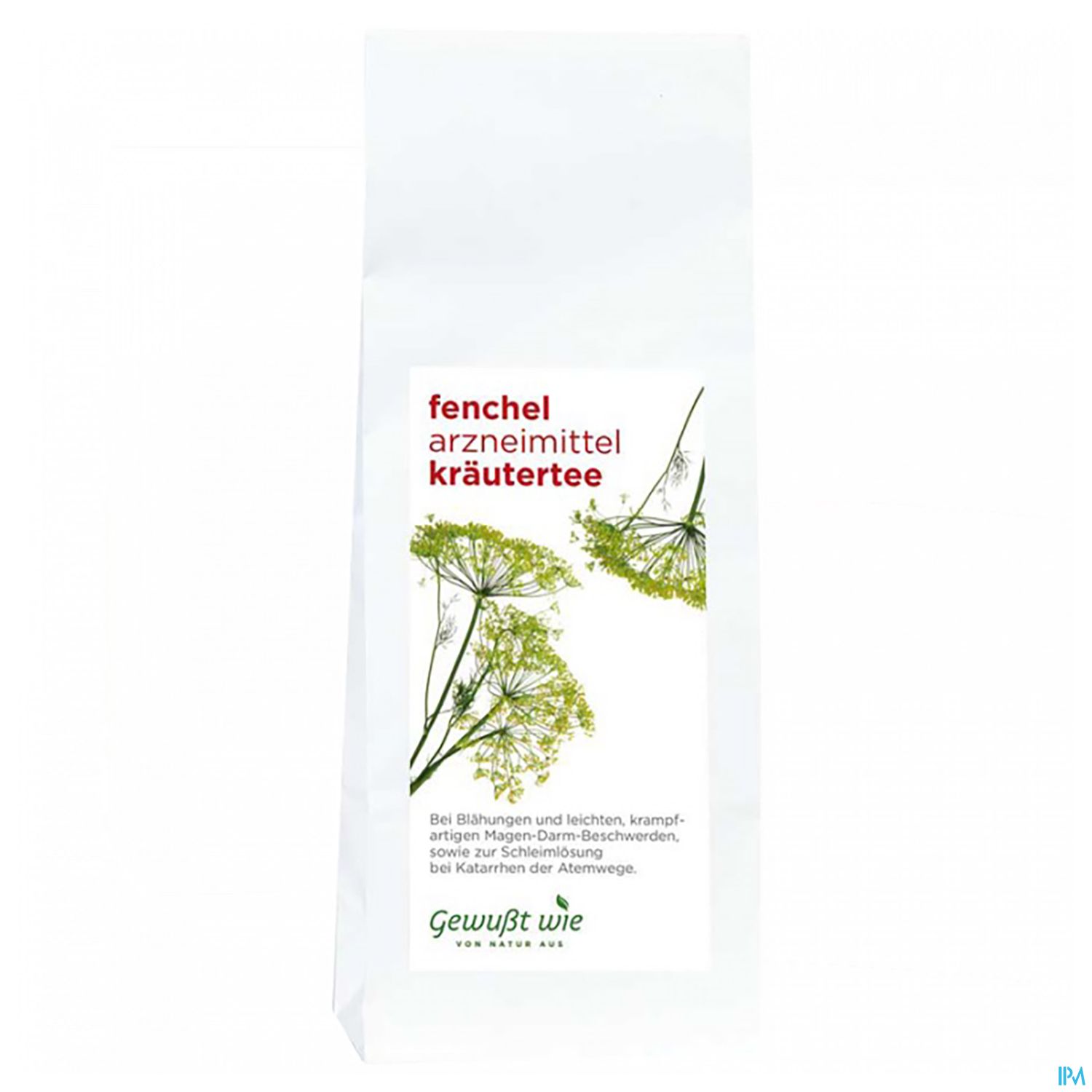 Tüte mit Fenchel Kräutertee, beschriftet mit Hinweisen zur Verwendung bei Blähungen und Magen-Darm-Beschwerden.