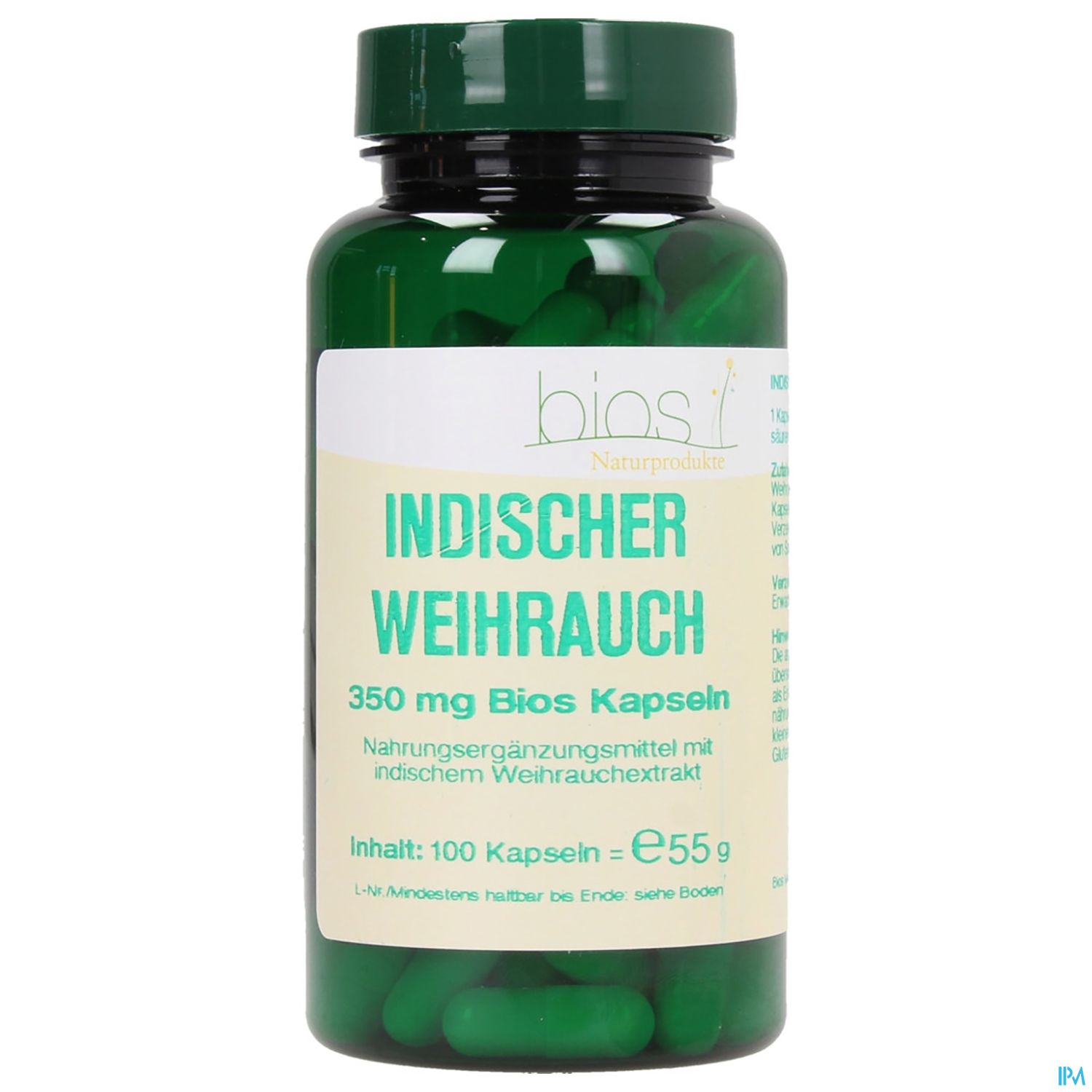 Grüne Kapsel-Flasche mit der Aufschrift "Indischer Weihrauch", Inhaltsangabe und Nährwertinformationen.