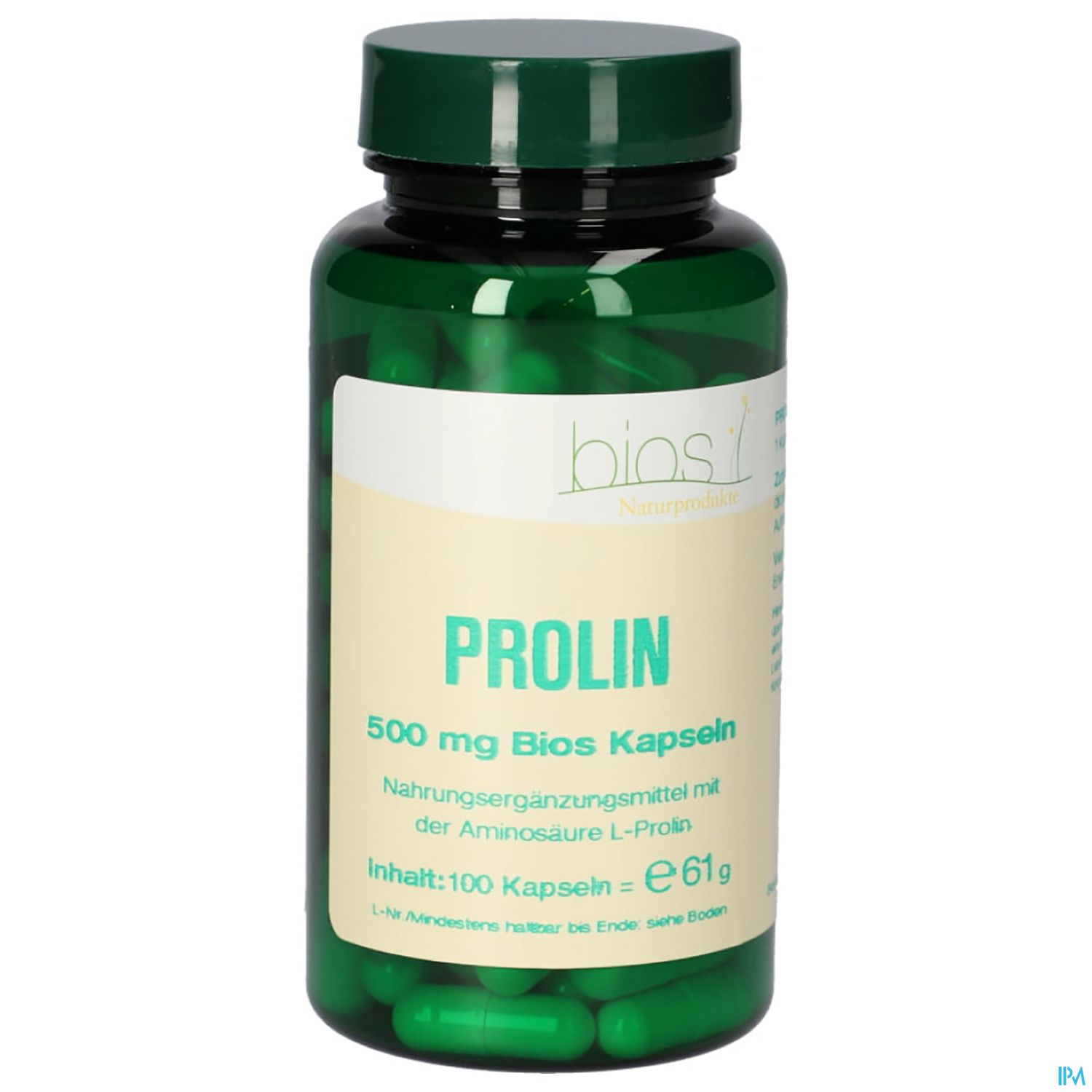 Grüne Flasche mit Kapseln, beschriftet mit "PROLIN 500 mg Bios Kapseln" und "Nahrungsergänzungsmittel mit der Aminosäure L-Prolin", Inhalt: 100 Kapseln.