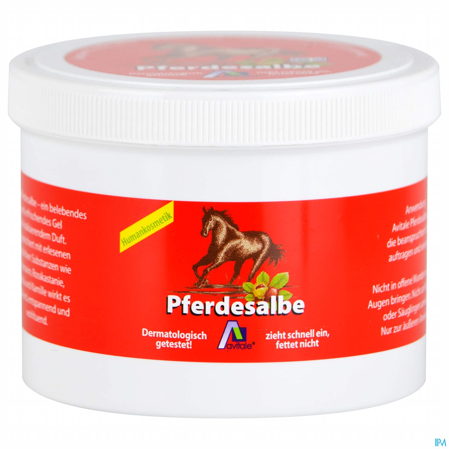 Dose mit Pferdesalbe, rot mit abgebildetem Pferd und der Aufschrift „Pferdesalbe“, dermatologisch getestet.