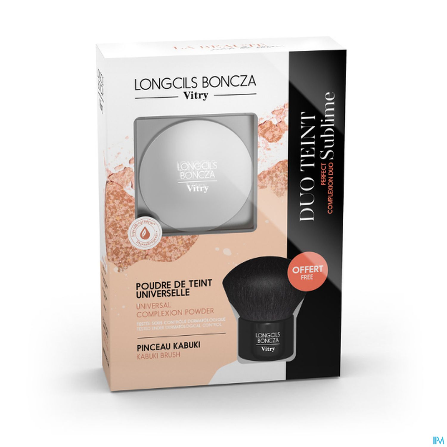 Verpackung des Duo-Taint-Sublime mit universalem Puder und Kabuki-Pinsel.