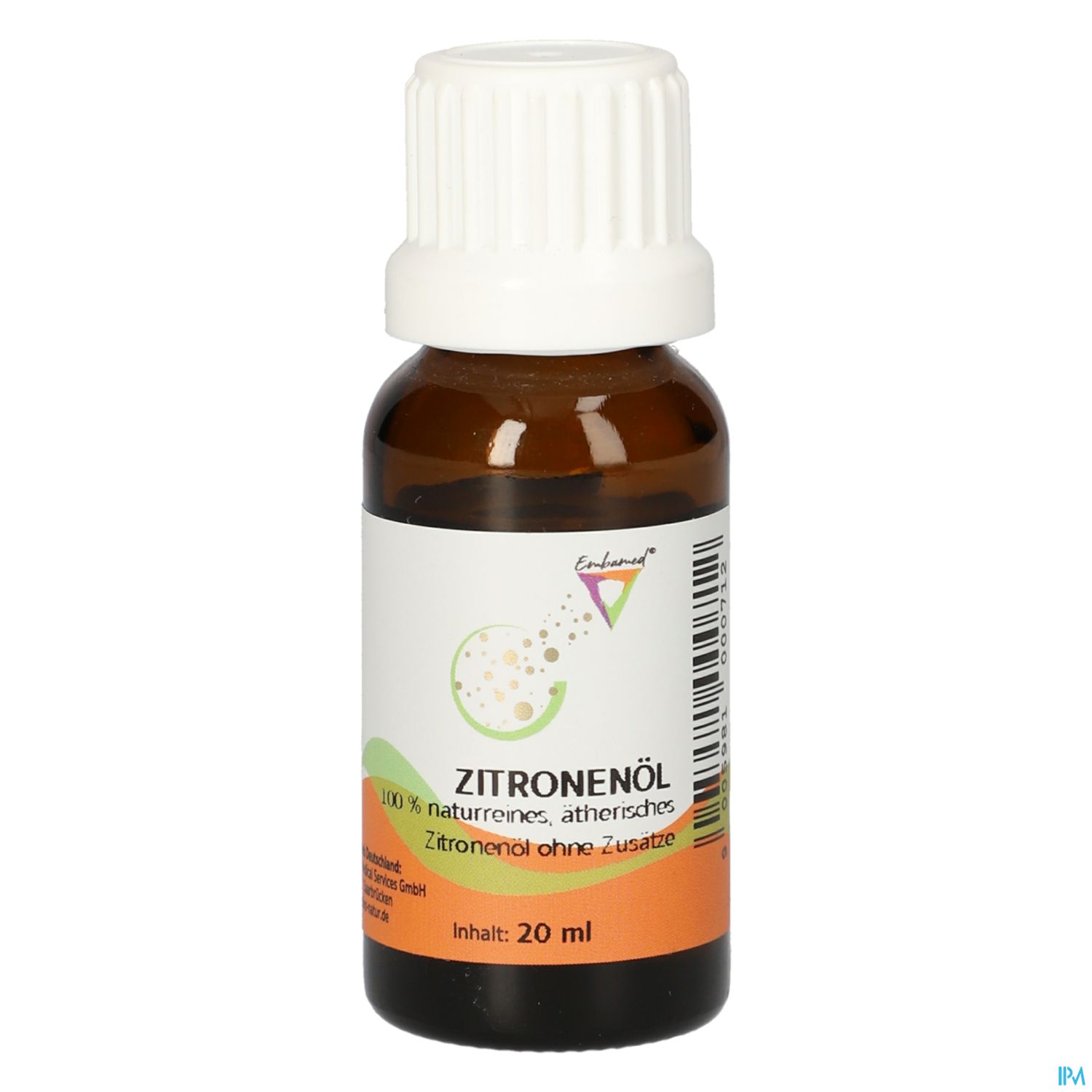 Flasche mit Zitronenöl, 20 ml, braunes Glas mit weißem Schraubverschluss und etikettiert.