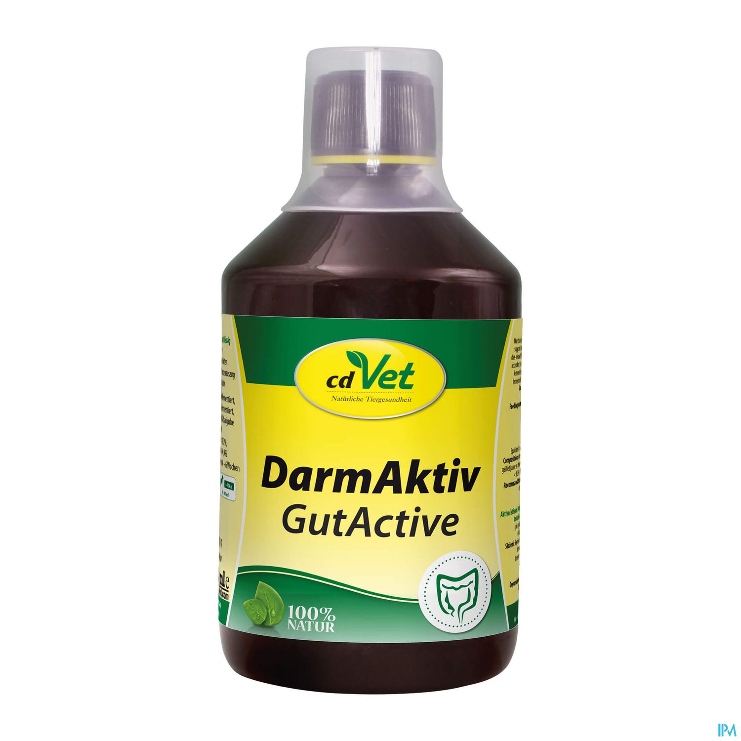Braunflüssiges Nahrungsergänzungsmittel in einer transparenten Flasche mit gelbem Etikett, auf dem "DarmAktiv GutActive" und "cdVet" steht.