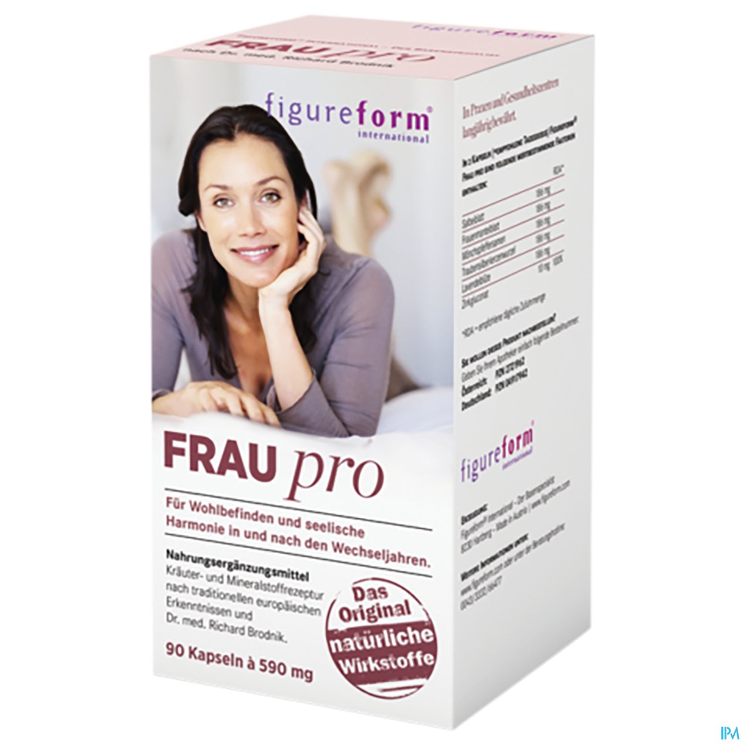 Verpackung des Nahrungsergänzungsmittels "FRAU pro" von Figureform mit einer lächelnden Frau auf der Vorderseite, einschließlich Produktbeschreibung und Inhaltsinformationen.