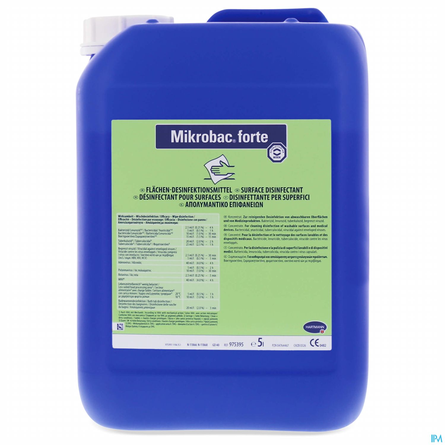 Ein blauer Kanister mit der Aufschrift "Mikrobac forte", der Informationen über ein Flächendesinfektionsmittel auf der Rückseite zeigt.