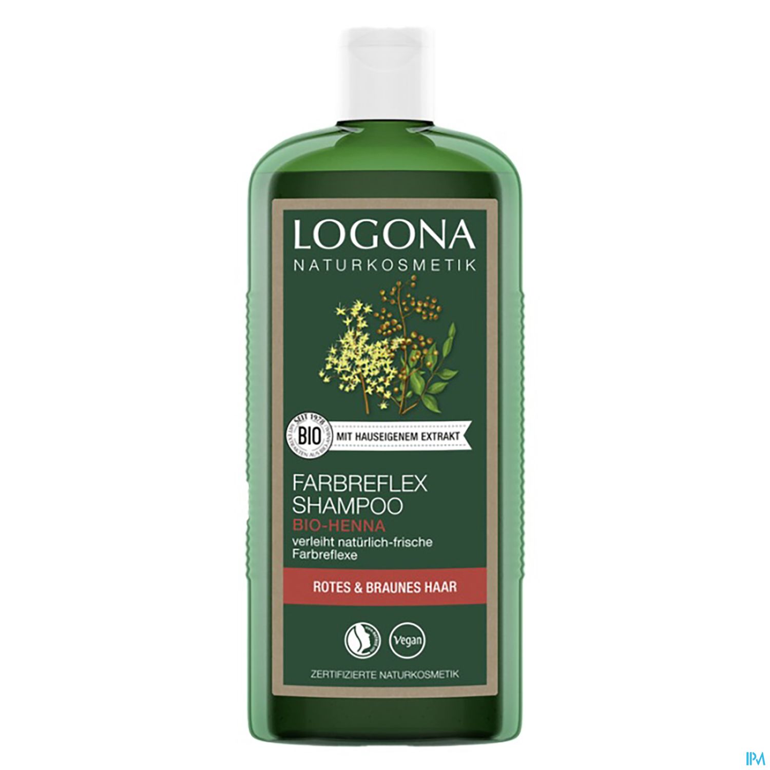 Flasche Logona Farbreflex Shampoo für rotes und braunes Haar mit Aloe-Vera- und Bio-Henna-Extrakten.