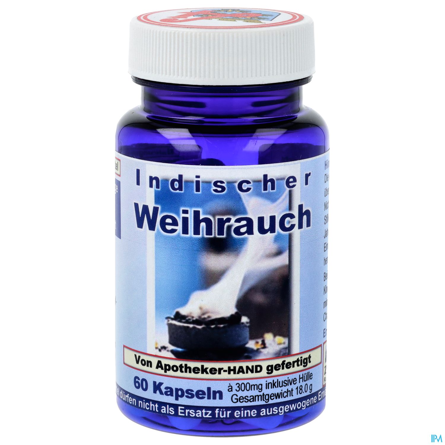 Ein blauer Pillenbehälter mit dem Aufdruck „Indischer Weihrauch“, versehen mit Informationen zu Inhalt und Dosierung.