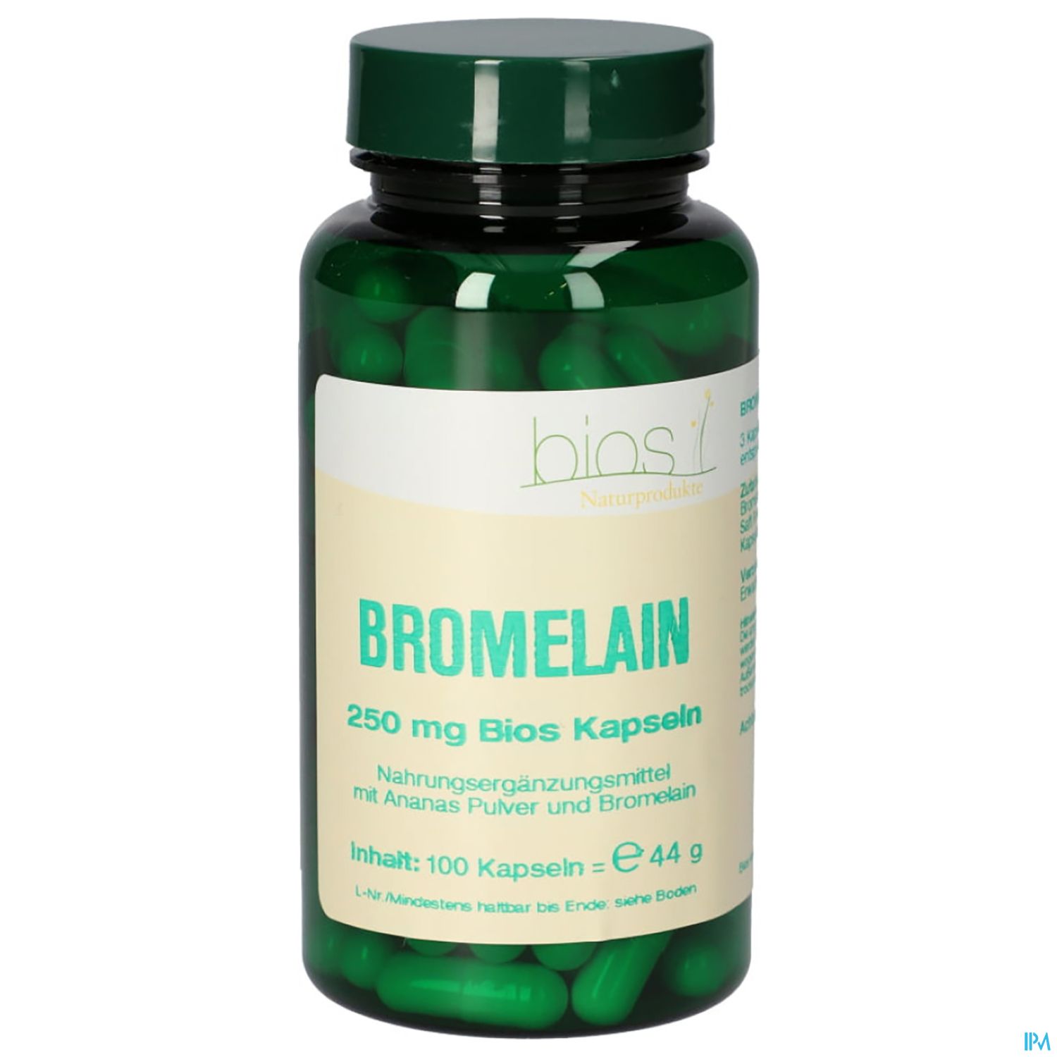 Grüne Flasche mit 100 Kapseln des Nahrungsergänzungsmittels Bromelain, 250 mg, von Bios.