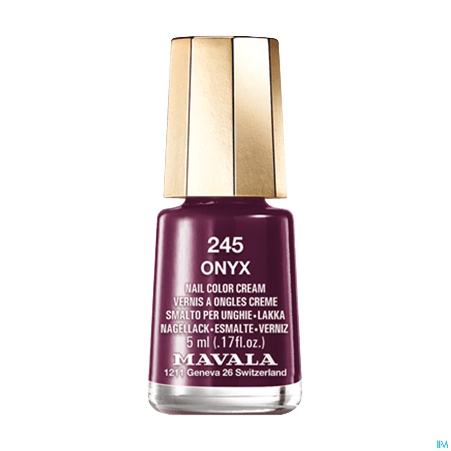 Nagellackflasche in dunklem Purpur mit goldenem Verschluss, Etikett zeigt "245 ONYX" und "MAVALA".