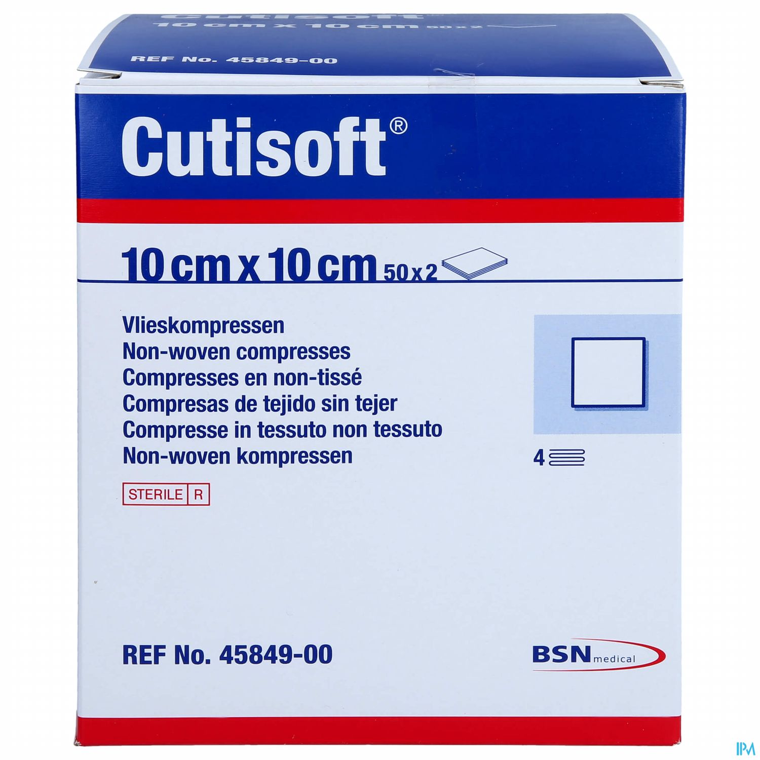 Packung mit Cutisoft Vlieskompressen, 10 cm x 10 cm, 50 Stück, steril, Referenznummer 45849-00.