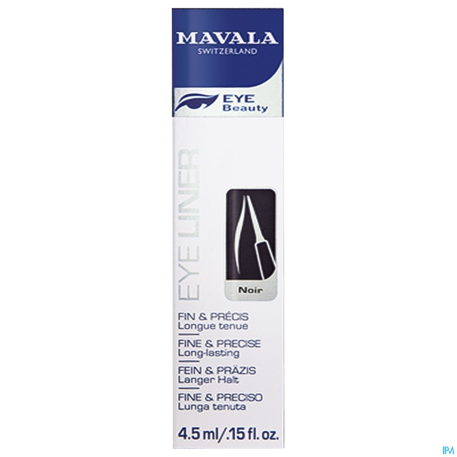 Produktverpackung von Mavala Eye Liner in Schwarz (Noir), 4,5 ml, mit Hinweisen auf feine und präzise Anwendung sowie langanhaltende Wirkung.