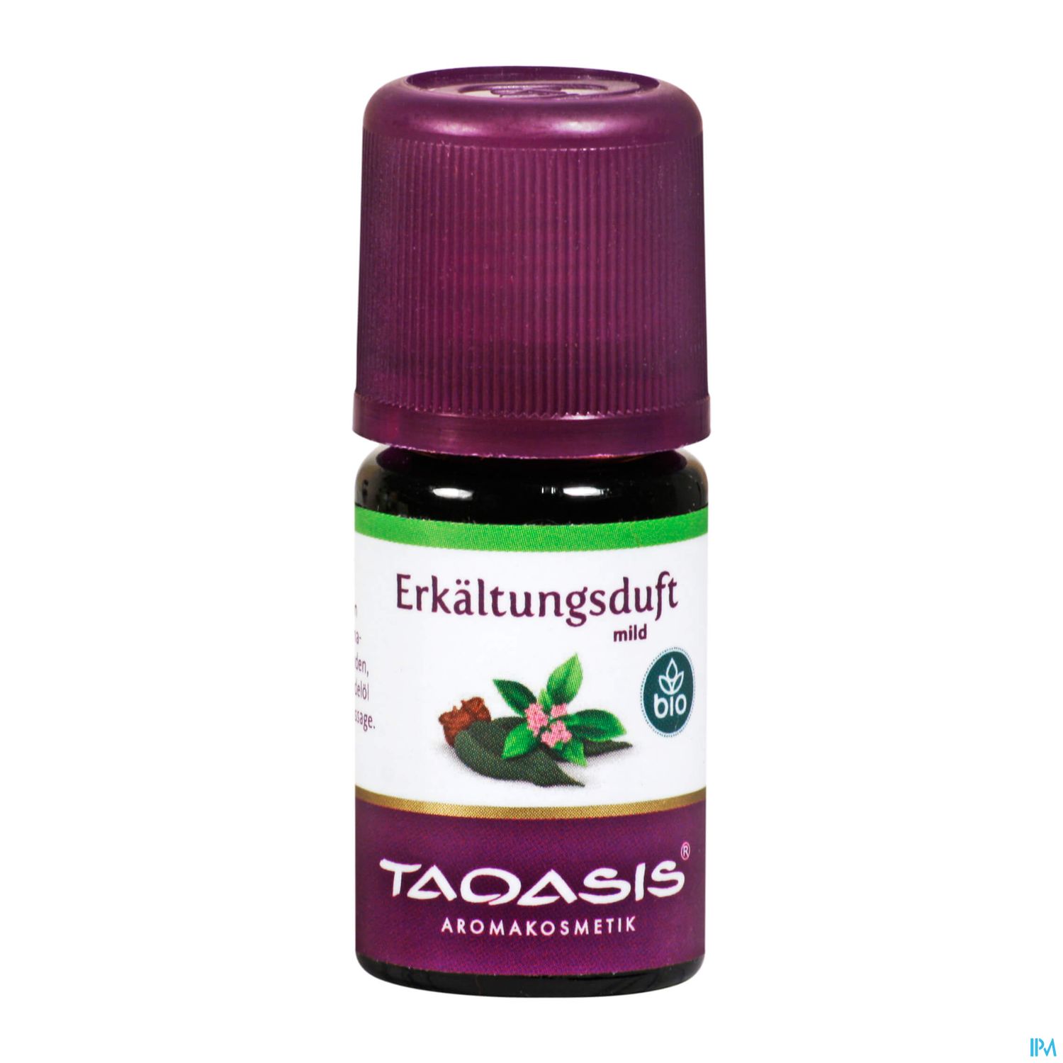 Flasche mit ätherischem Öl "Erkältungsduft mild" von Taqasis, bio-zertifiziert, mit grünem und lila Etikett.