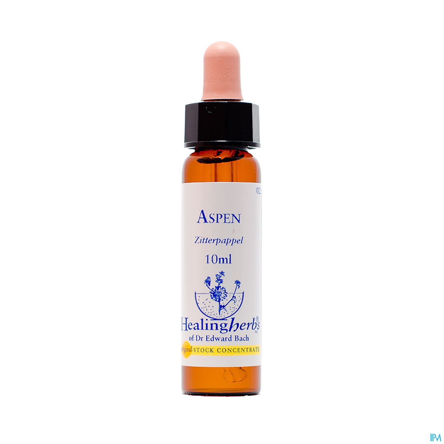 Braunglasflasche mit Pipette, gefüllt mit 10 ml Aspen-Zitterpappel-Tropfen von Healingherbs.
