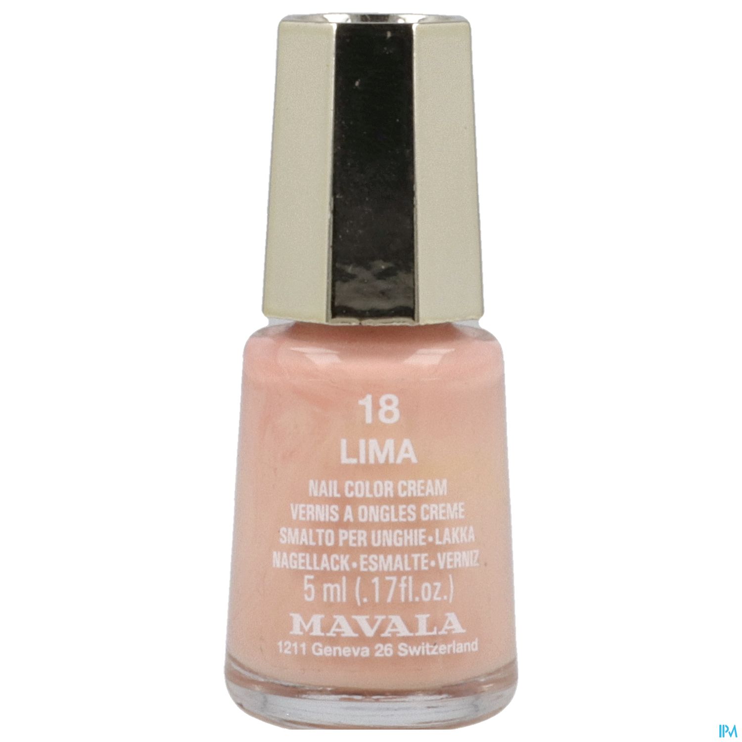 Flasche mit Nagellack in zartem Rosa, beschriftet mit "18 LIMA" und dem Markennamen "MAVALA".