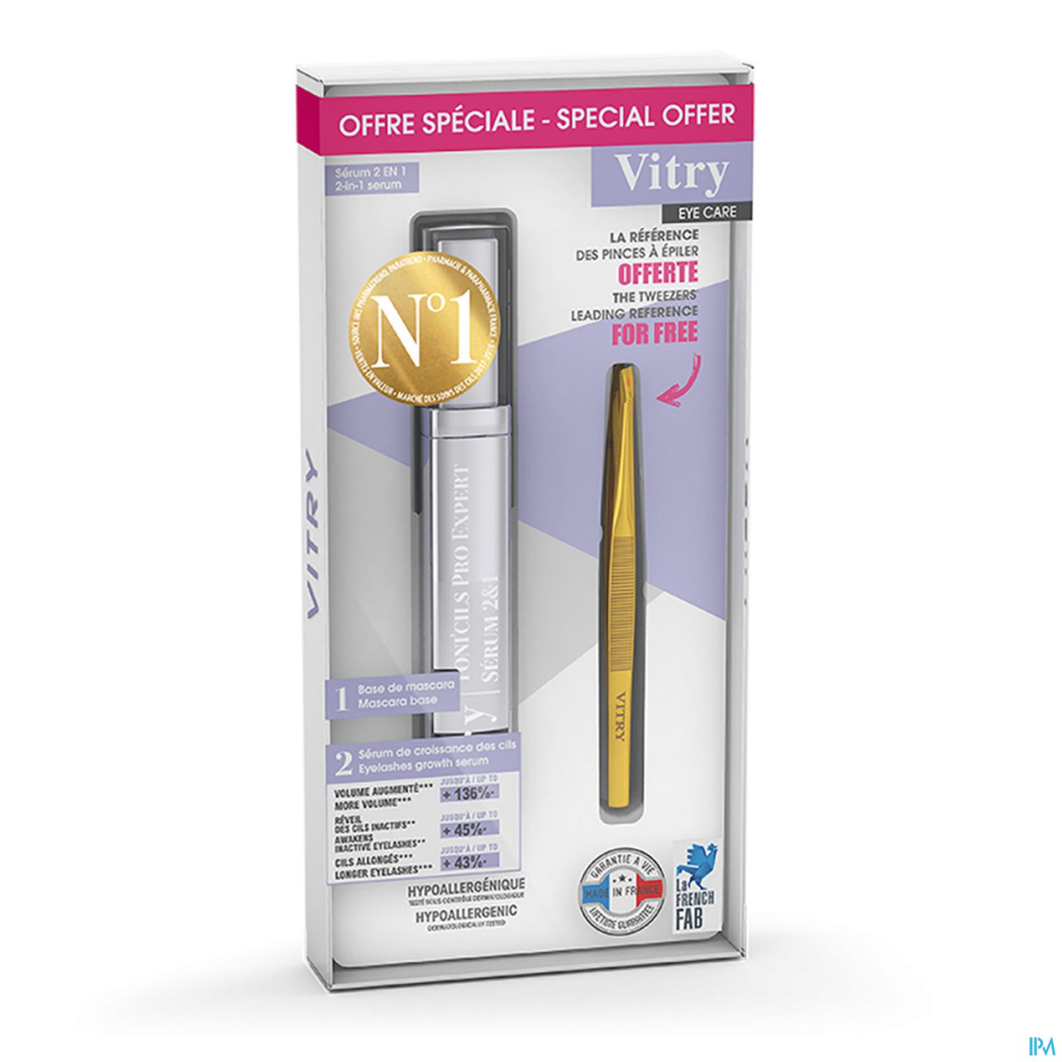Packung mit Vitry Augenpflege, die ein Serum und eine Pinzette enthält, gekennzeichnet mit „Spezialangebot“ und „Nr. 1“.
