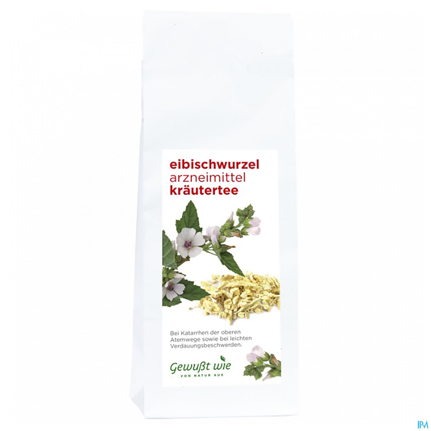 Verpackung von Eibischwurzel als Kräutertee mit Beschreibung und Pflanzenmotiv.