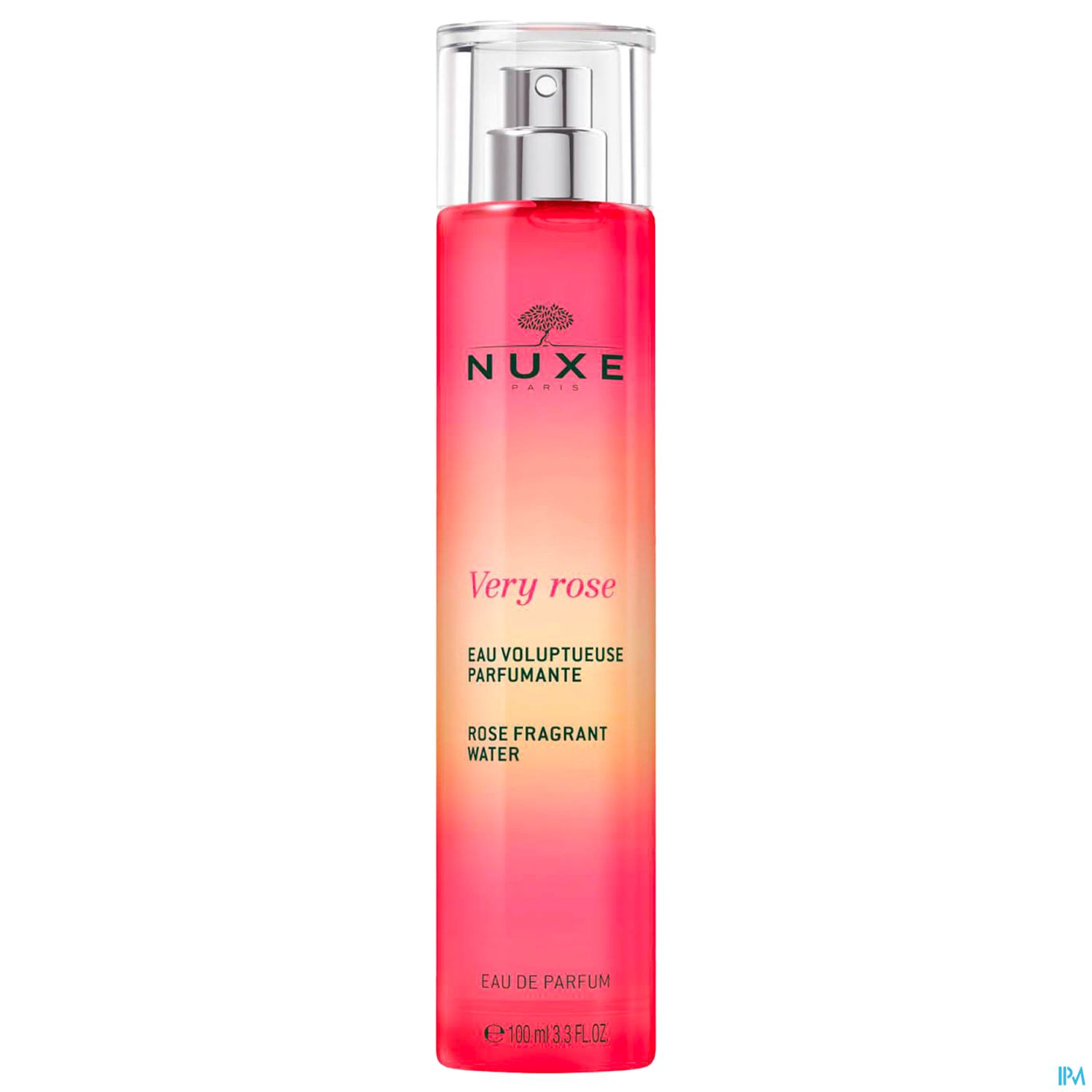 Flasche mit NUXE Very Rose Parfum in einem Farbverlauf von Pink zu Rosa, mit Pumpe und Etikett.