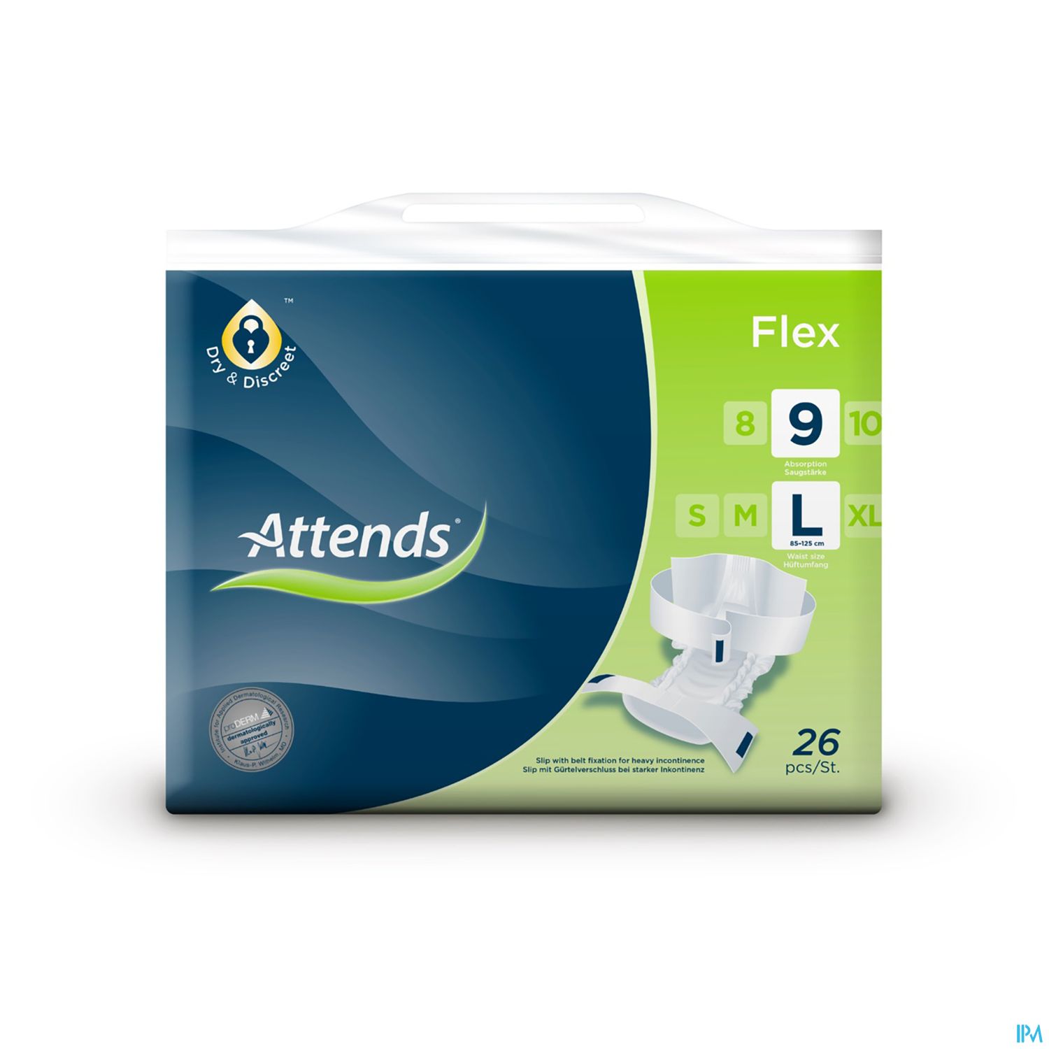 Packung mit Attends Flex Inkontinenzprodukten, Größe L, Inhalt: 26 Stück.