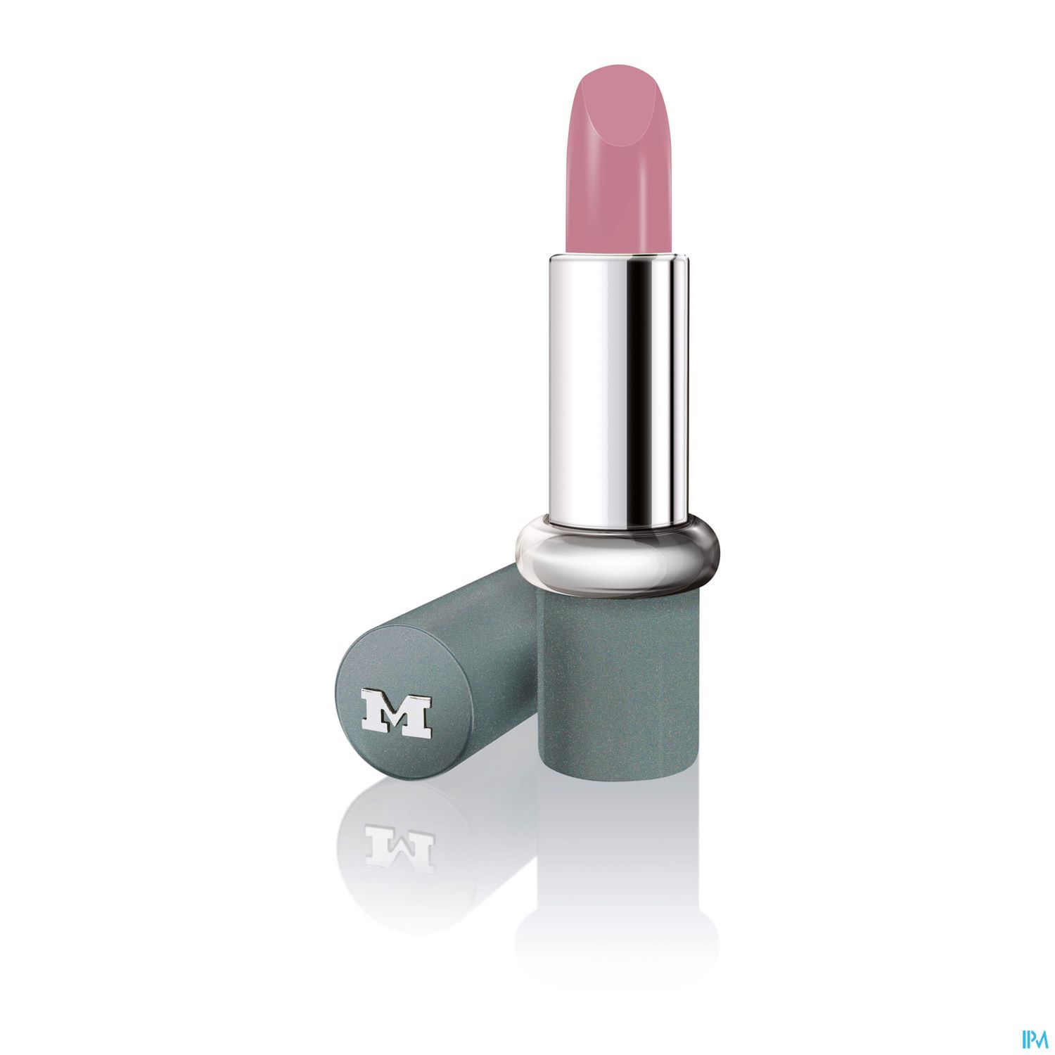 Ein geöffneter Lippenstift in einer silbernen Hülse mit rosa Farbe und einer grünen Verpackung.