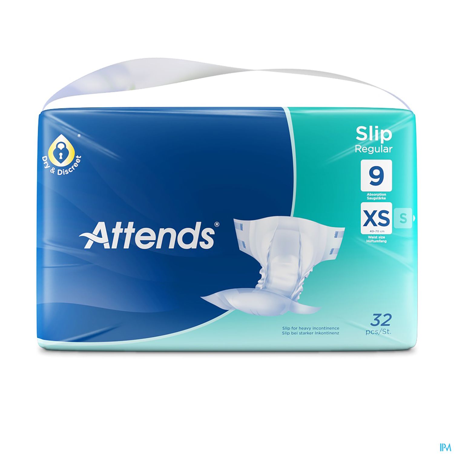 Packung mit Attends Slip Regular Inkontinenzunterlagen, Größe XS, 32 Stück.