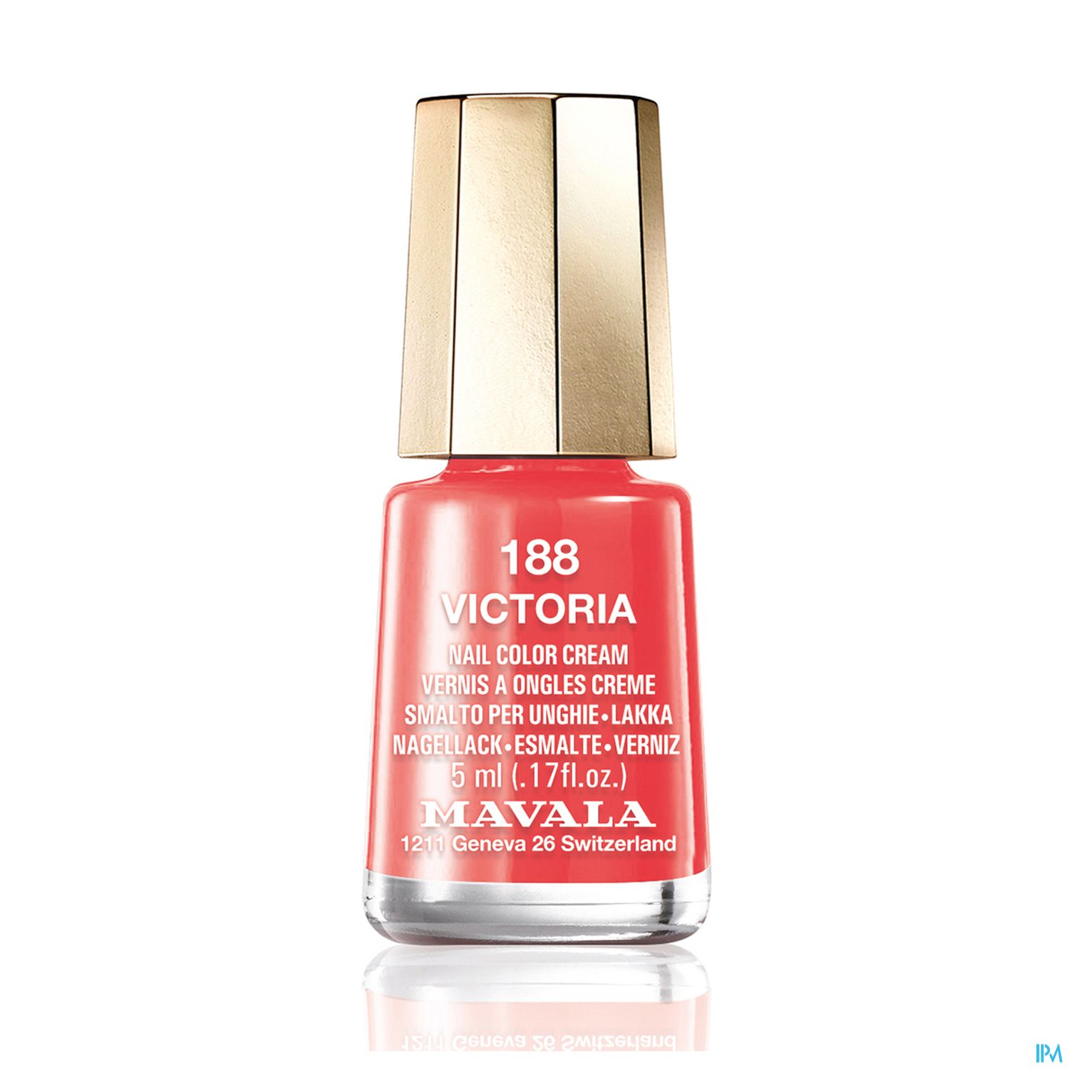 Nagellackflasche in leuchtendem Rosa mit goldfarbenem Deckel, Marke Mavala, die Farbe trägt die Bezeichnung "Victoria" und hat ein Volumen von 5 ml.