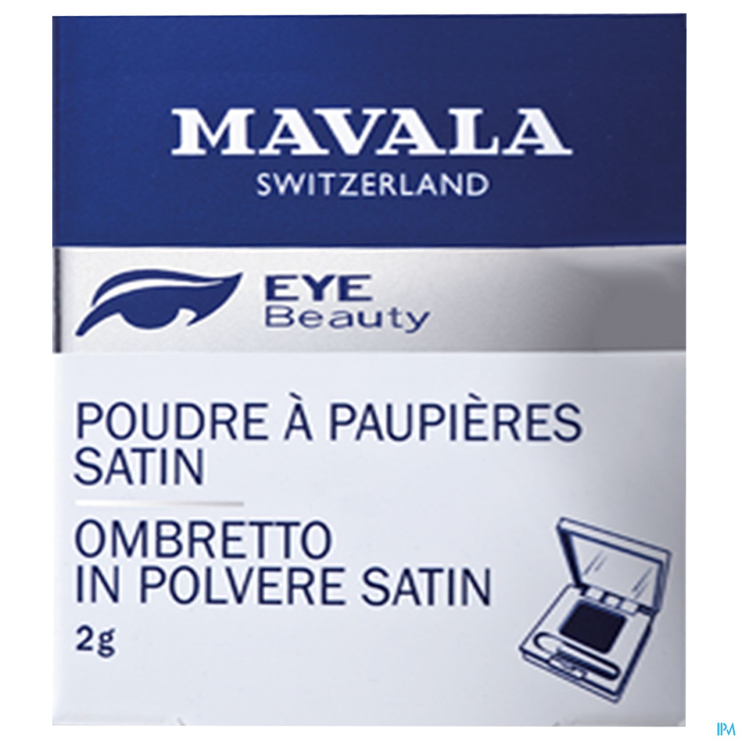 Verpackung von Mavala Satin Lidschatten in Blau und Weiß mit Produktinformationen.