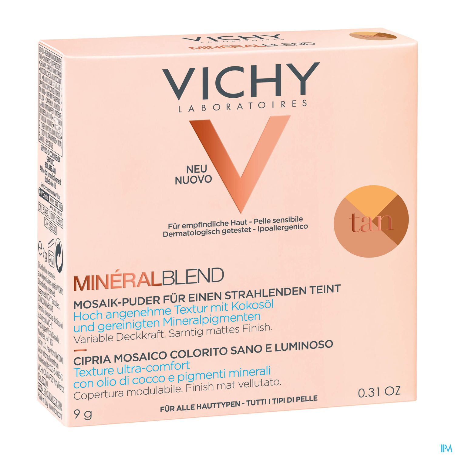 Verpackung des Vichy Mineral Blend Mosaik-Puders mit der Aufschrift "Neu" und "Tan", 9 g, für empfindliche Haut.