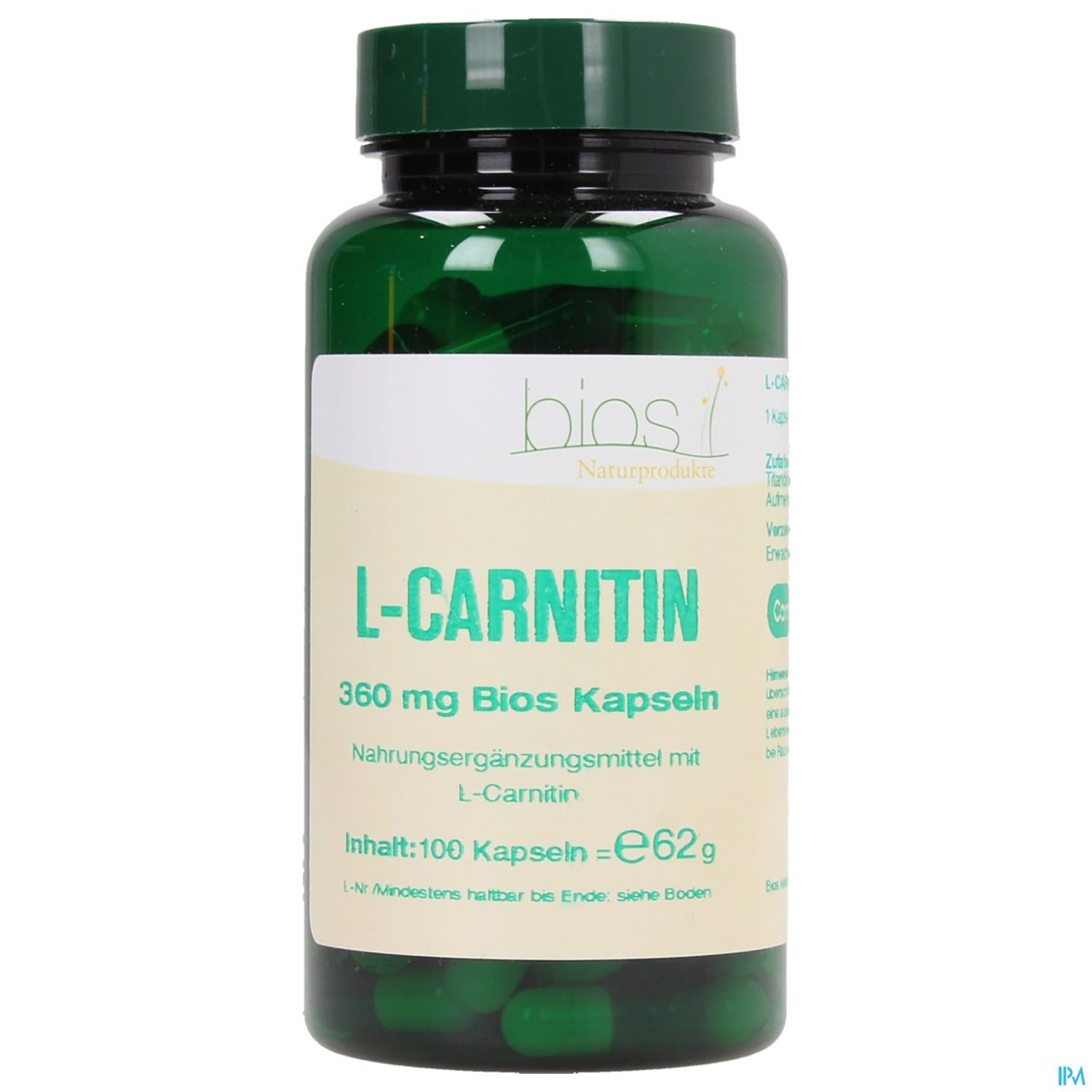 Grüner Flakon mit L-Carnitin Kapseln, beschriftet mit "360 mg Bios Kapseln" und "Nahrungsergänzungsmittel mit L-Carnitin".