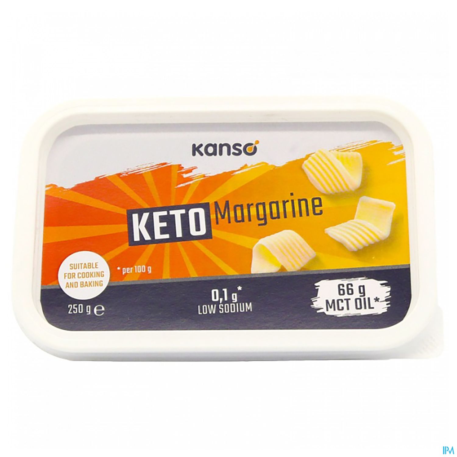 Verpackung einer Keto-Margarine mit der Aufschrift "Kanso Keto Margarine", Hinweis auf niedrigen Natriumgehalt und enthaltenes MCT-Öl.