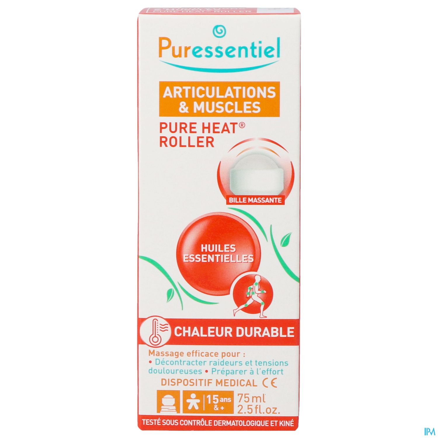 Verpackung des Pure Heat® Rollers von Puressentiel für Gelenke und Muskeln, 75 ml, mit Beschreibung und Anwendungshinweisen.