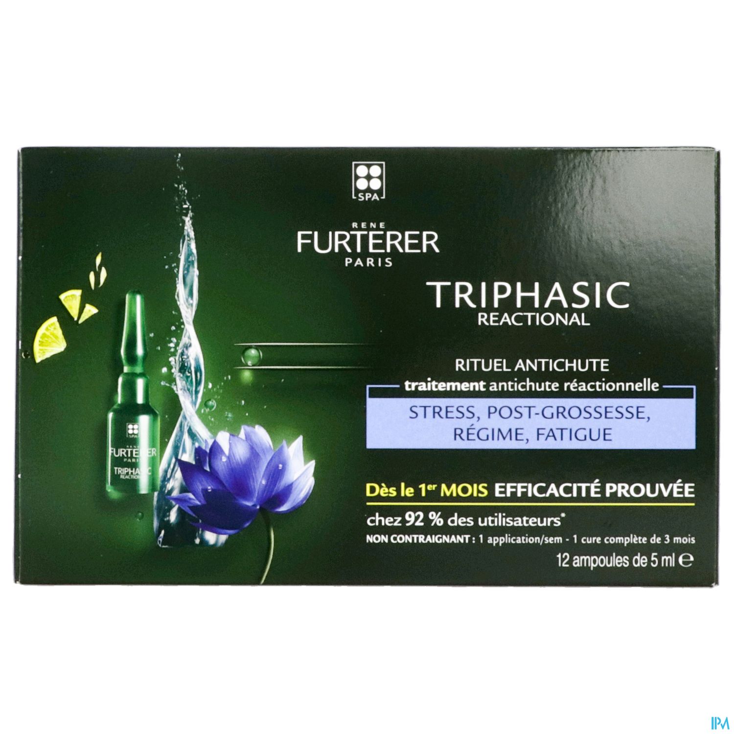Packung mit 12 Ampullen des Produkts "Triphasic Reactivating Treatment" von René Furterer, für die Behandlung von Haarausfall.