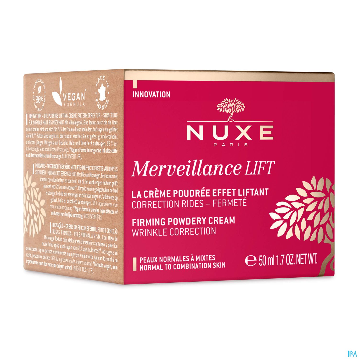 Packung der NUXE Merveillance LIFT Firming Powdery Cream mit Beschreibung und Heldestatus.