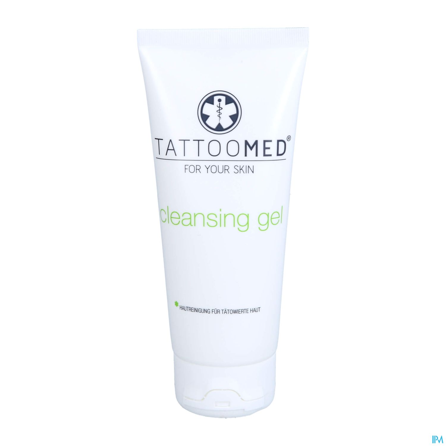 Tube mit TattooMed Cleansing Gel, weißes Etikett mit grünem Schriftzug und Logo.