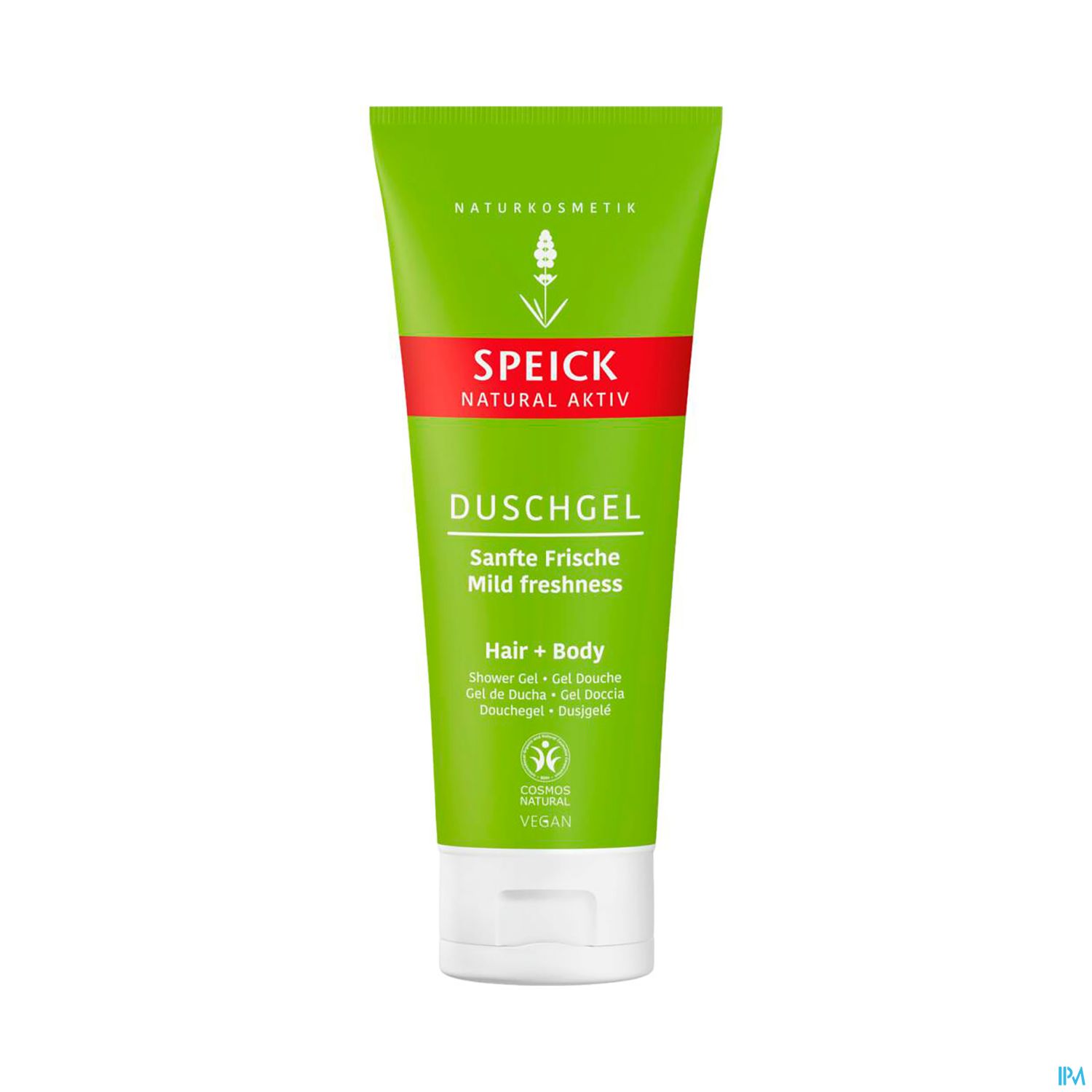 Tube mit Duschgel der Marke Speick, grüne Verpackung mit rotem und weißem Text, Aufschrift "DUSCHGEL Sanfte Frische Mild freshness".