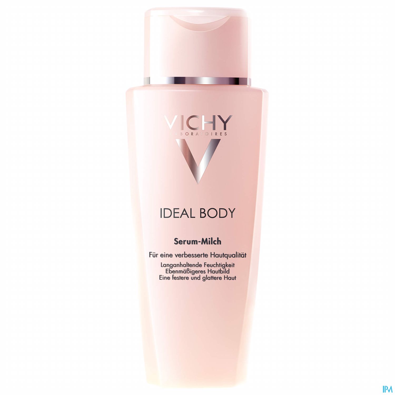 Flasche mit Vichy Ideal Body Serum-Milch, rosa Verpackung, für verbesserte Hautqualität.