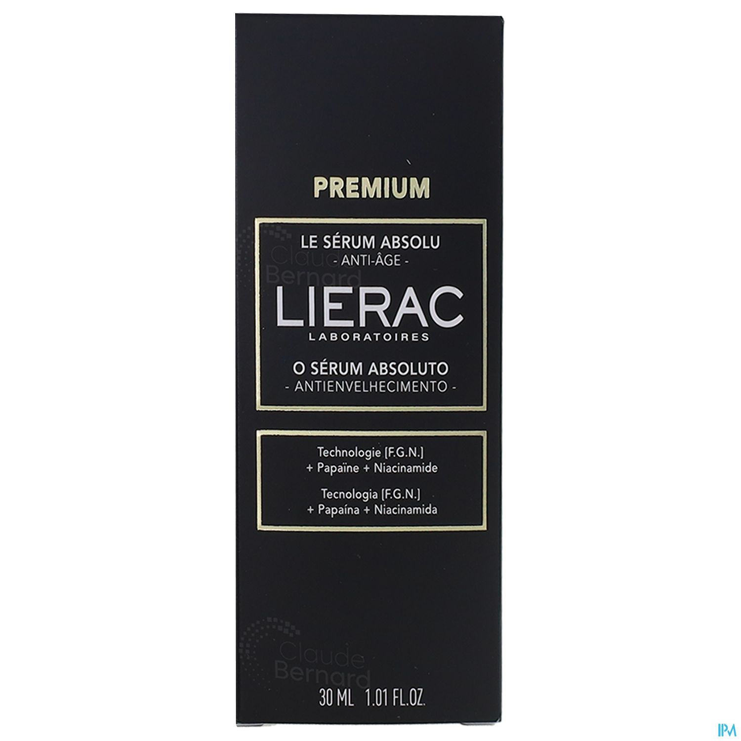 Schwarze Verpackung für ein Anti-Aging-Serum von Lierac, mit goldener Schrift und Informationen zu Inhaltsstoffen und Technologie.