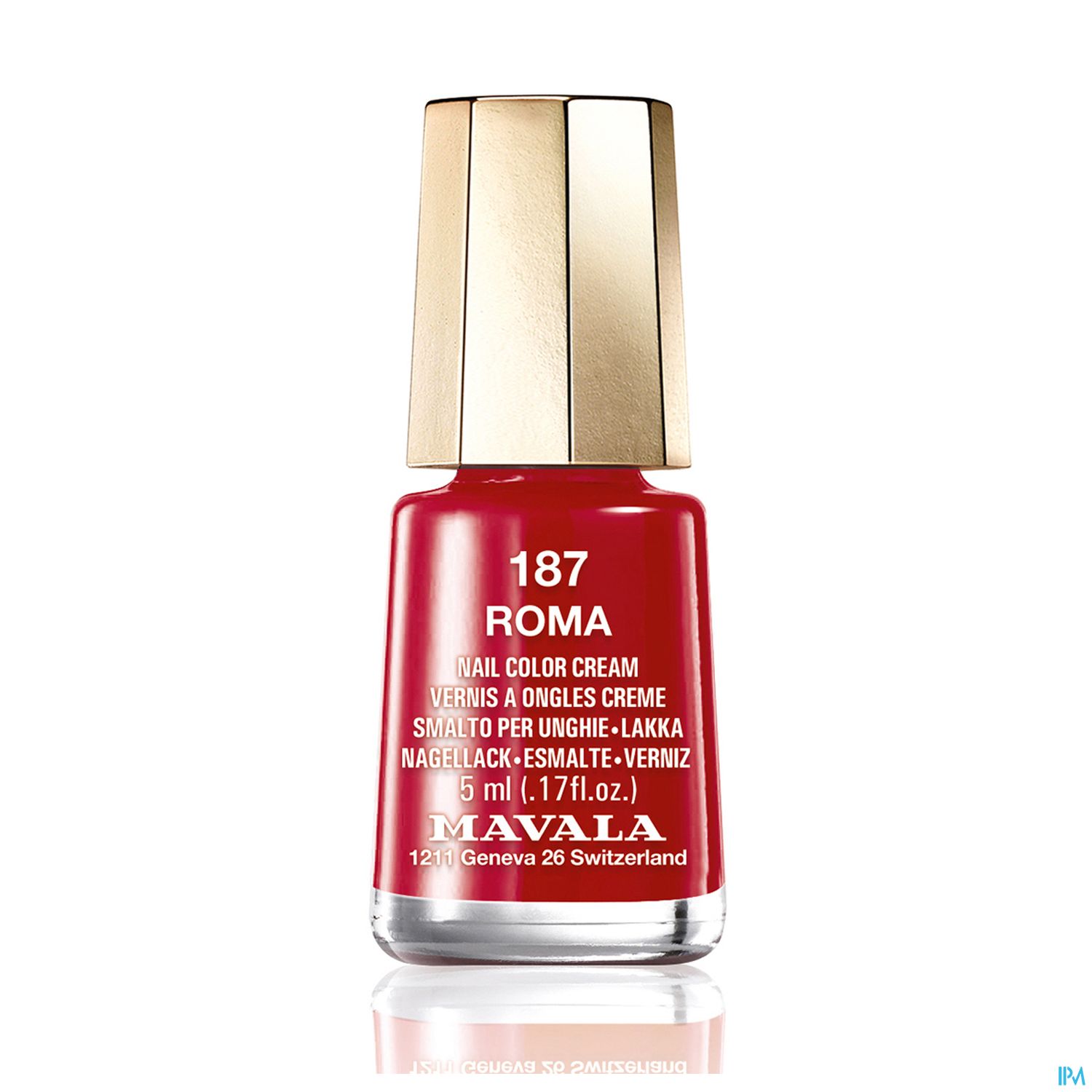 Rot lackierter Nagellack von Mavala in einer Glasflasche mit goldfarbenem Deckel.