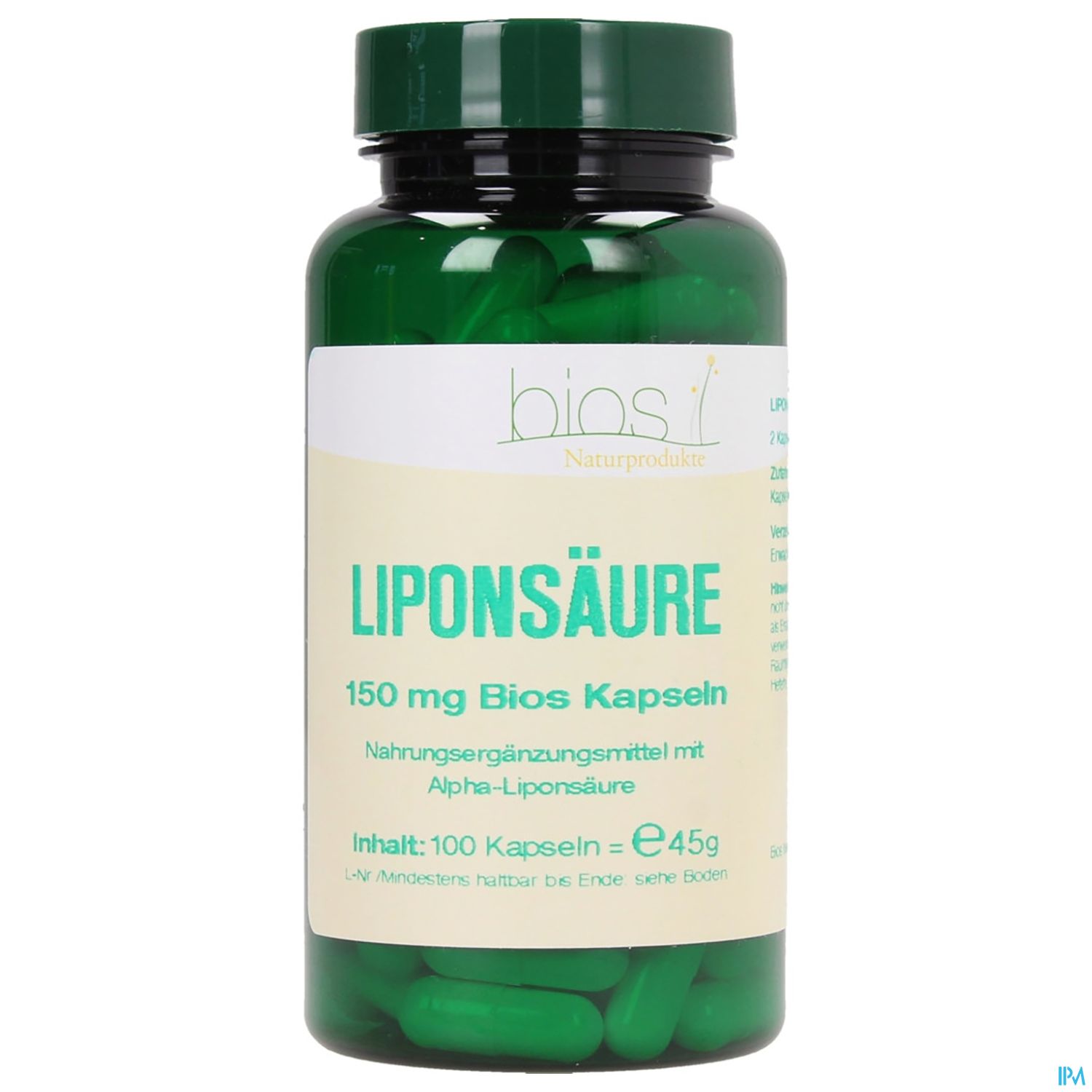 Grüner Kunststoffbehälter mit Kapseln, beschriftet mit "LIPONSÄURE 150 mg Bios Kapseln", Inhalt: 100 Kapseln, Preis: €45.