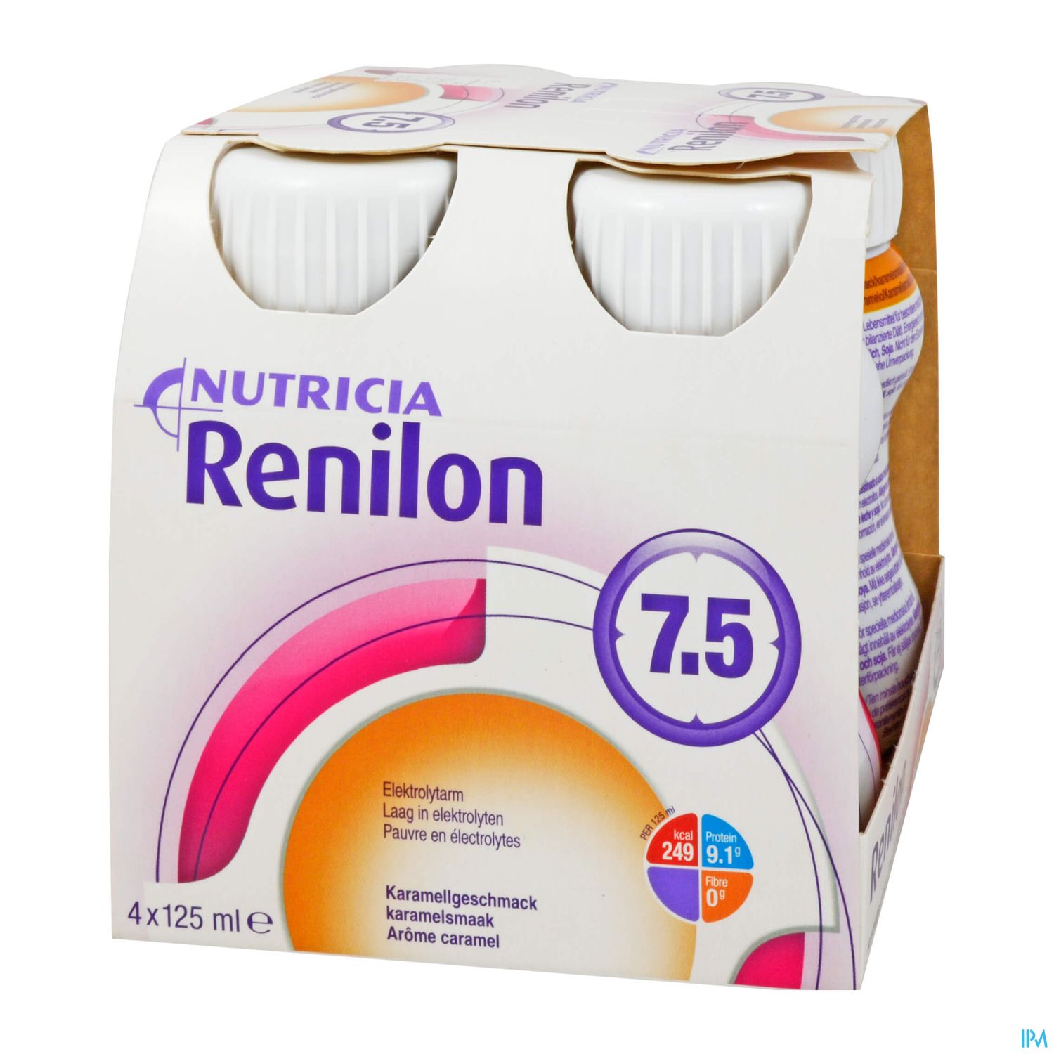 Packung mit vier Flaschen Renilon 7.5 von Nutricia, Geschmack Karamell.