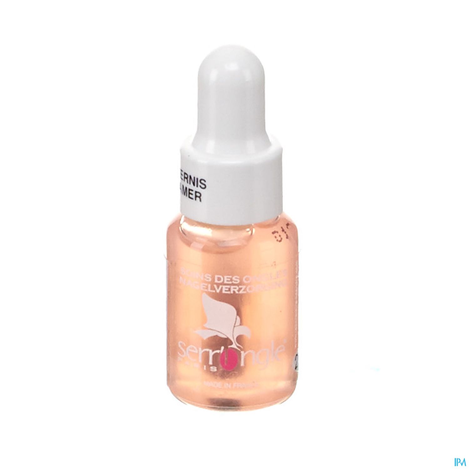 Eine transparente Flasche mit einem weißen Tropfer, gefüllt mit rosa Flüssigkeit.