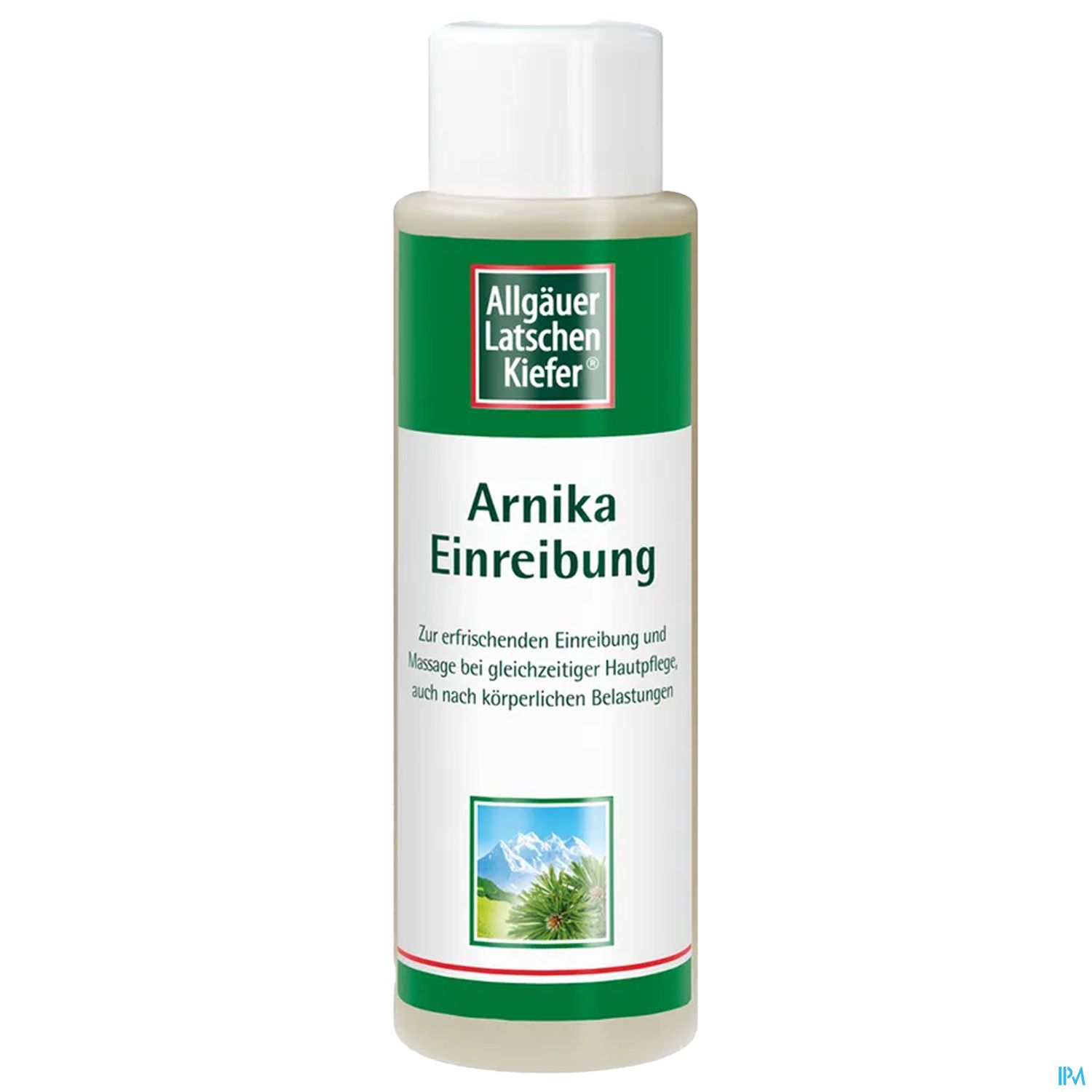 Flasche mit Arnika Einreibung von Allgäuer Latschen Kiefer, Anwendung zur Massage und Pflege nach körperlichen Belastungen.