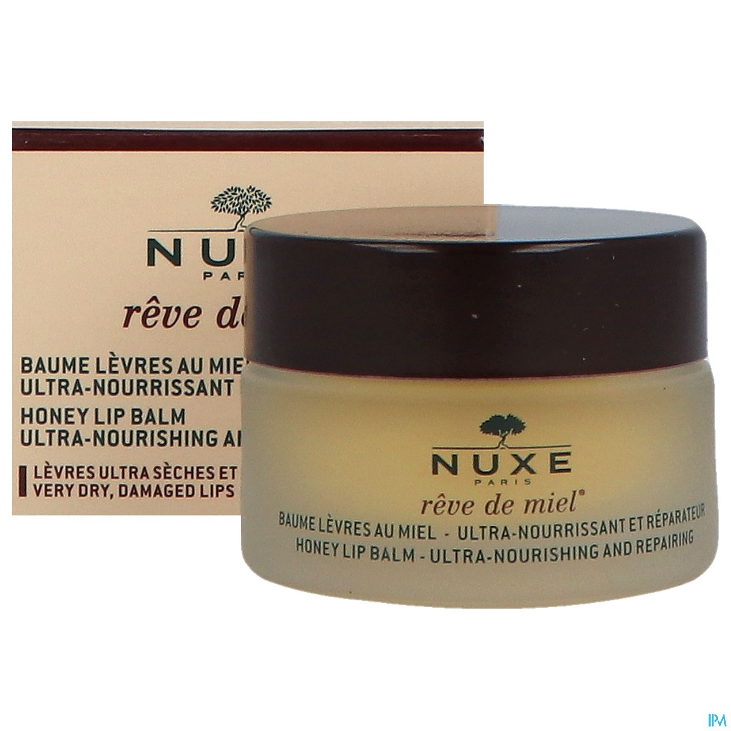 Bald für sehr trockene und geschädigte Lippen, Nuxe Rêve de Miel Lippenbalsam in einem Glasbehälter mit Kartonverpackung.