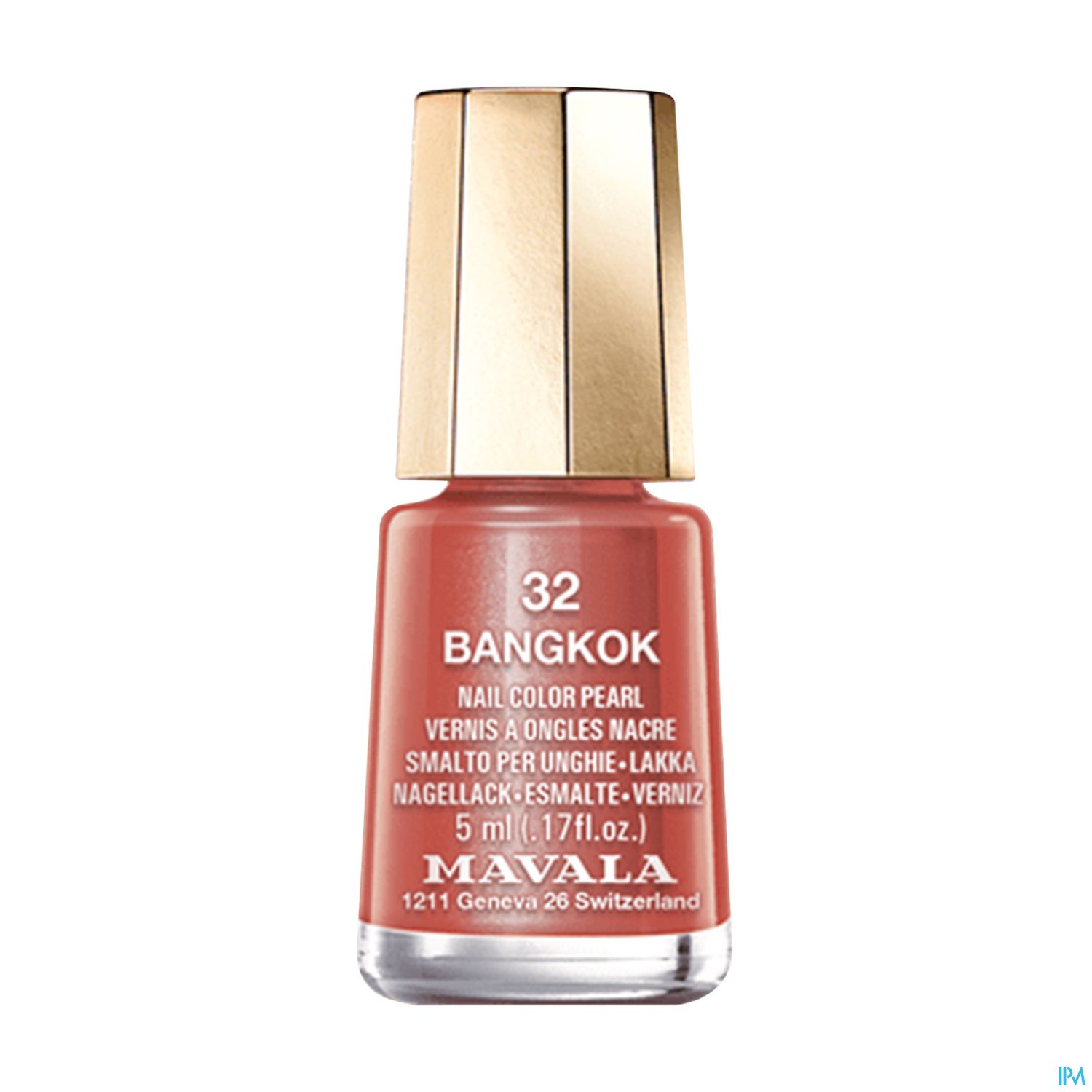 Nagellackflasche mit der Aufschrift „32 BANGKOK“ und goldfarbenem Deckel.
