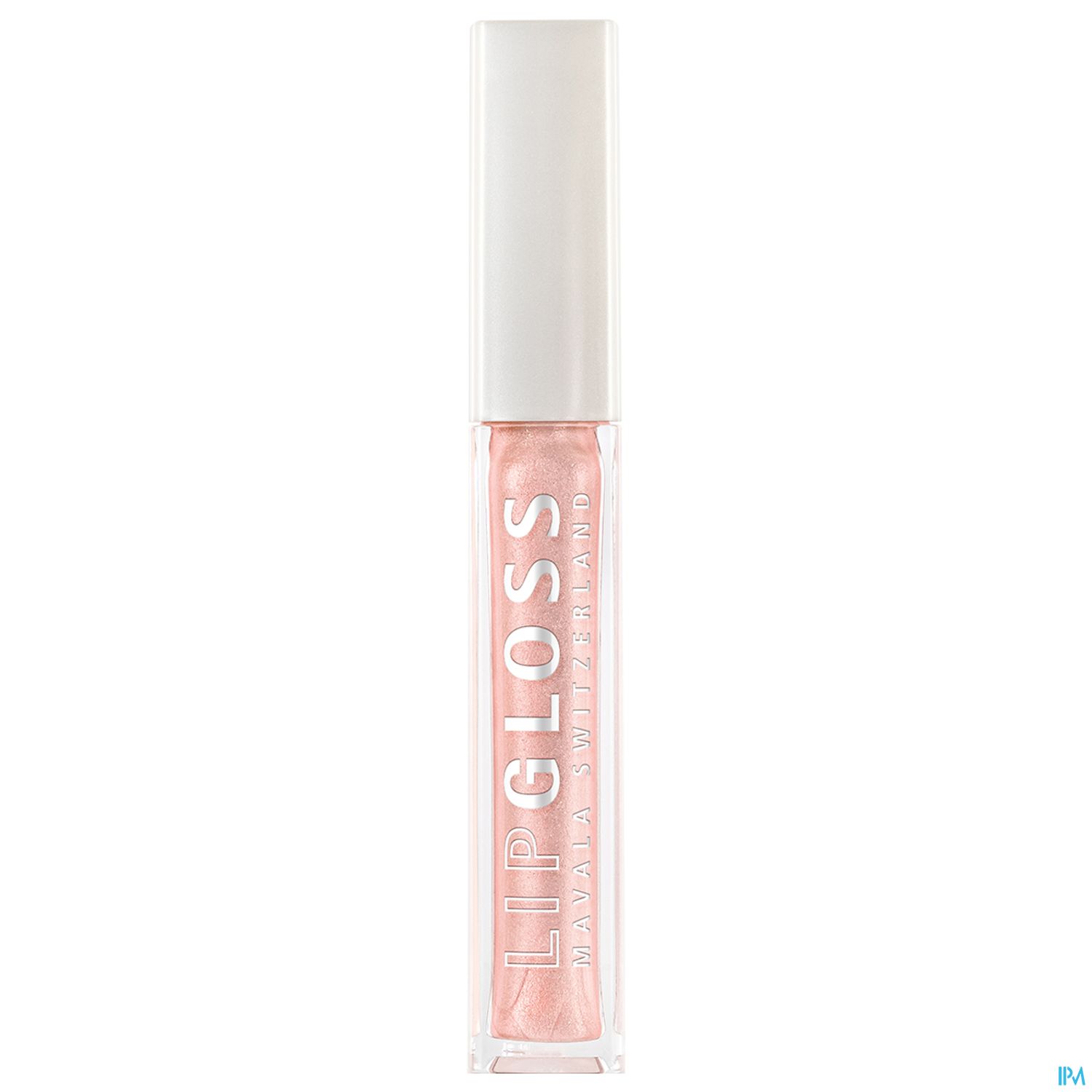 Transparenter Lip Gloss in einer flachen, rechteckigen Verpackung mit silbernem Deckel.