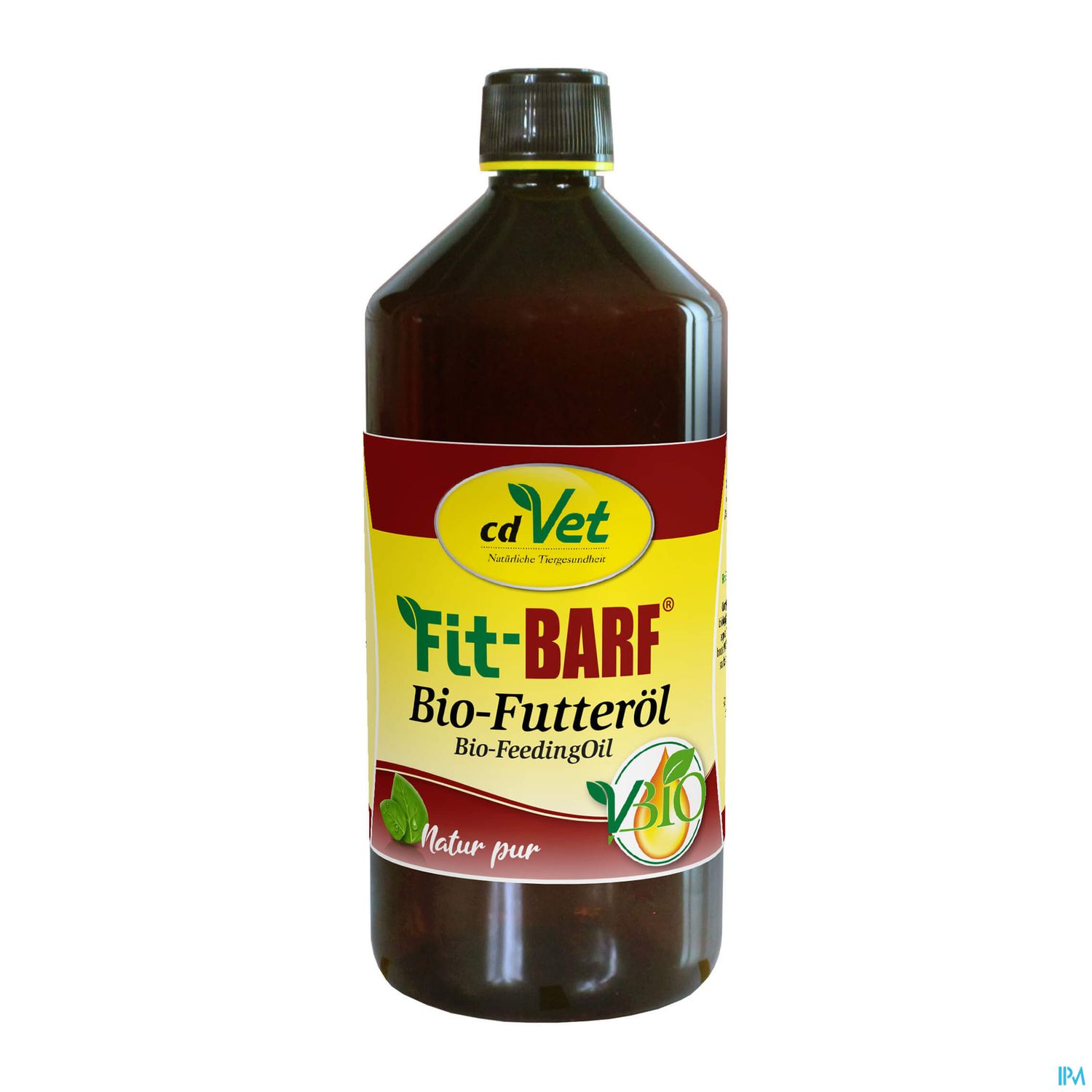 Braune Flasche mit gelbem Etikett für "cdVet Fit+BARF Bio-Futteröl", 500 ml, mit der Aufschrift "Natur pur".